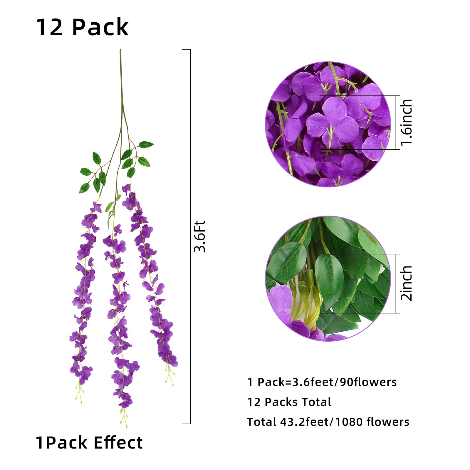 Paquete de 12 guirnaldas de glicinas artificiales de 3.5 pies para colgar, guirnalda de flores falsas de ratta, guirnalda colgante de seda para boda, fiesta, hogar, pared, jardín, decoración verde