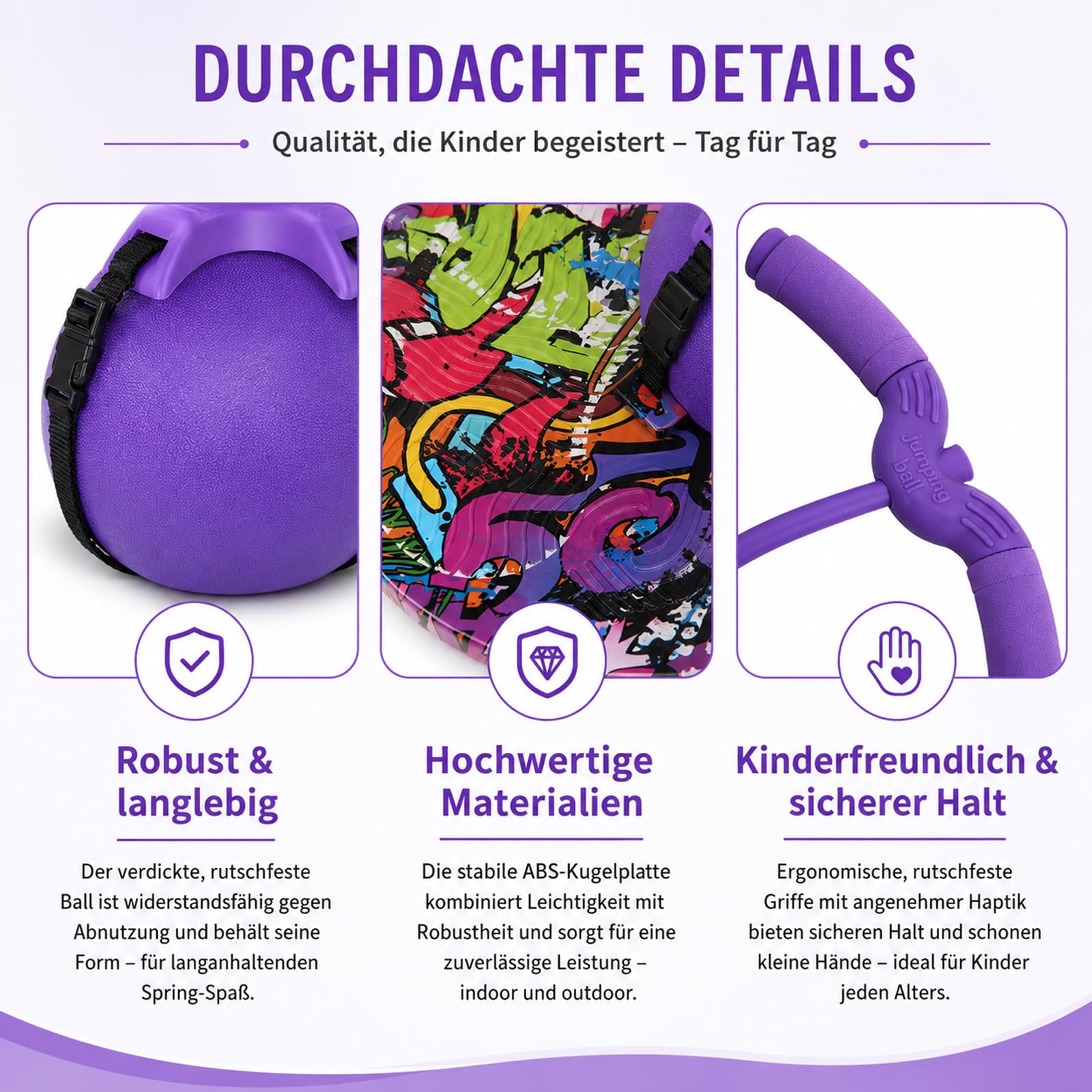 Balance hüpfball, Pogo Sprungball, Pogo Stick für Kinder, Pogo Ball mit Griffen, 90kg Tragkraft, zur Gleichgewichtstraining, Gewichtsreduktion und Fettverbrennung, Geeignet für Kinder (Lila)