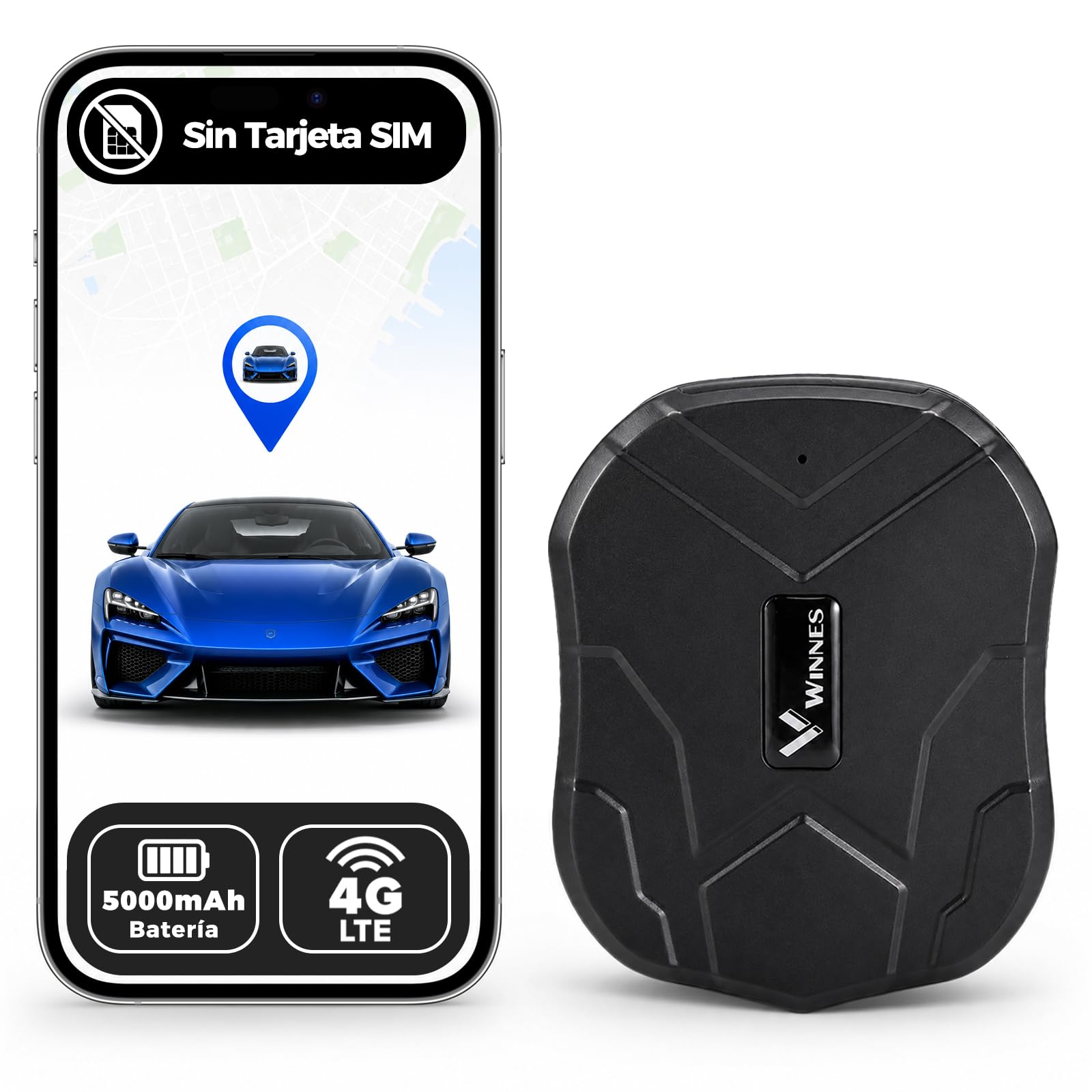 WINNES Localizador GPS para Coche 4G Magnético, Batería de 5000 mAh | Sin Tarjeta SIM, Seguimiento Global, Seguimiento en Tiempo Real, Historial de Rutas, Geocercas, Ubicación desde App y Web