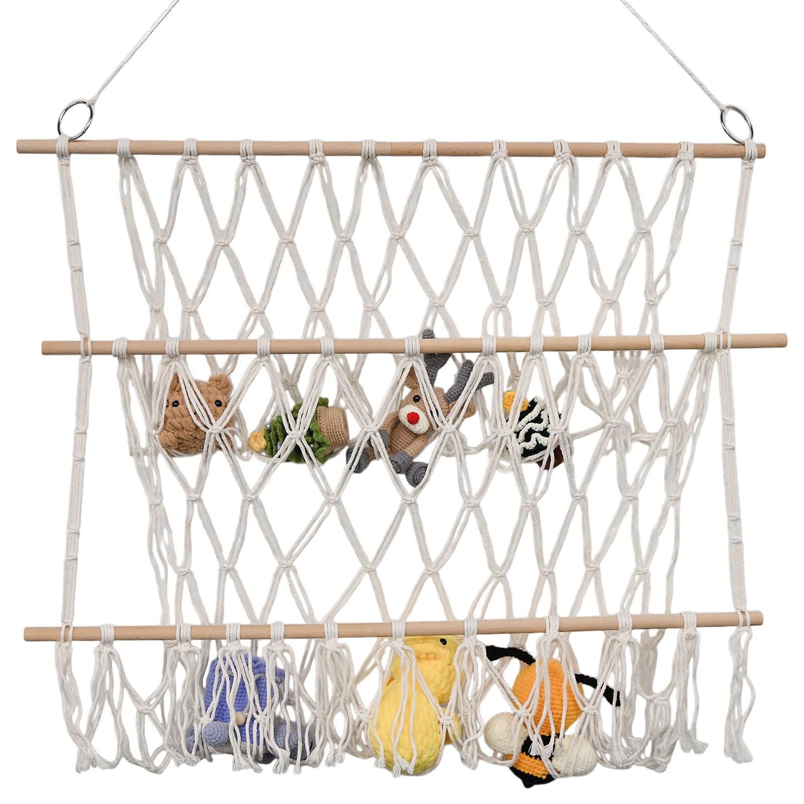 FREEBLOSS Hamaca para peluches, red colgante de pared, 2 capas, macramé, hecha a mano, hamaca de esquina para juguetes de peluche, organizador colgante, soporte para sala de juegos, dormitorio (30 x
