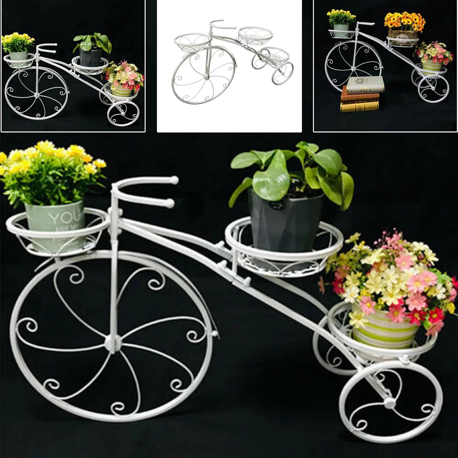 Three-wheeled Plant Stand, Iron Plant Stand with 3 Baskets, Bike Shape Plant Corner Shelf, Plant Display Rack Decor for Outdoor, Indoor, Entryway, Porches, Garden, Balcony (White)