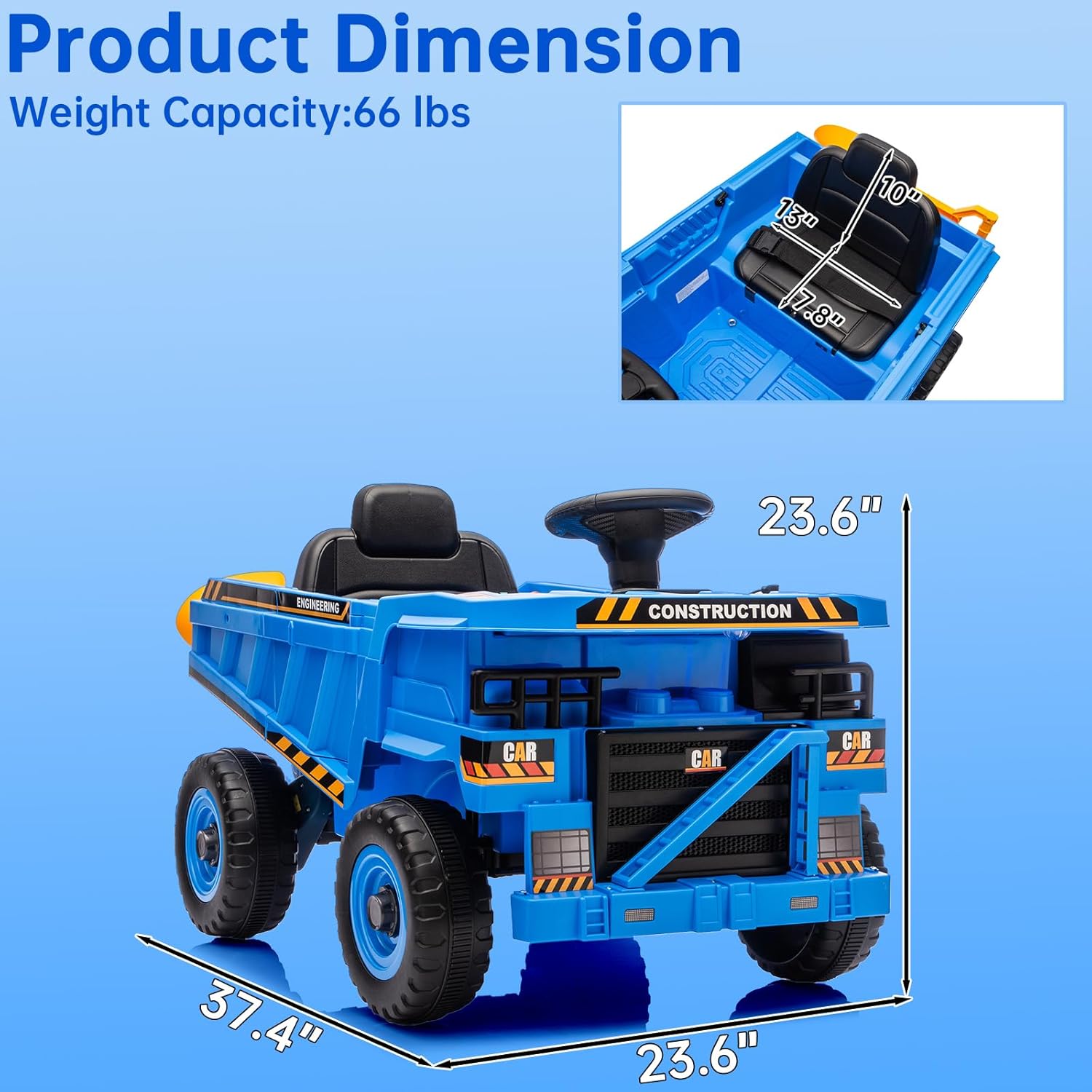 12V Ride On Construction Truck, Battery Powered Ride On Car with Remote Control, Kids Electric Vehicle with Shovel, Speaker, Blue