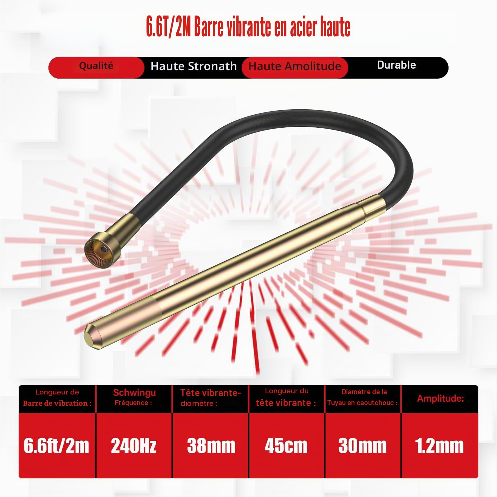 IMAYCC1600W Vibrateur en Béton avec Sangle de suspension réglable,Vibrateur de Construction Electrique 5000 tr/min,Longueur de Cuivre Tige Vibrante 2M,Diamètre de l'arbre de Vibration 38mm