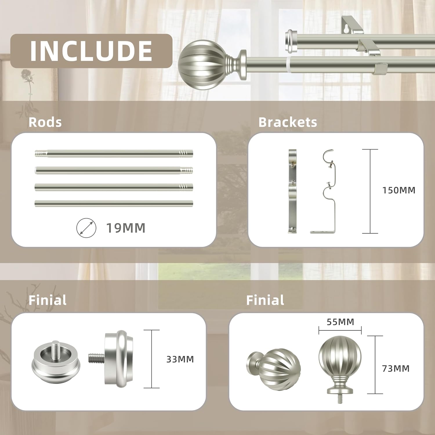 Double Curtain Rod with Round Ball Finials，3/4-Inch Diameter,Adjusts Rod Length from 30 to 126 Inch,Nickel