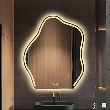 Irregular Cloud Shaped Decorative Mirror,Lighted Bathroom Makeup Mirror,Wall Mirror with 3 Colour LED Light,Touch Sensor+Anti-Fog, for Bathroom, Dressing Room & Living Room