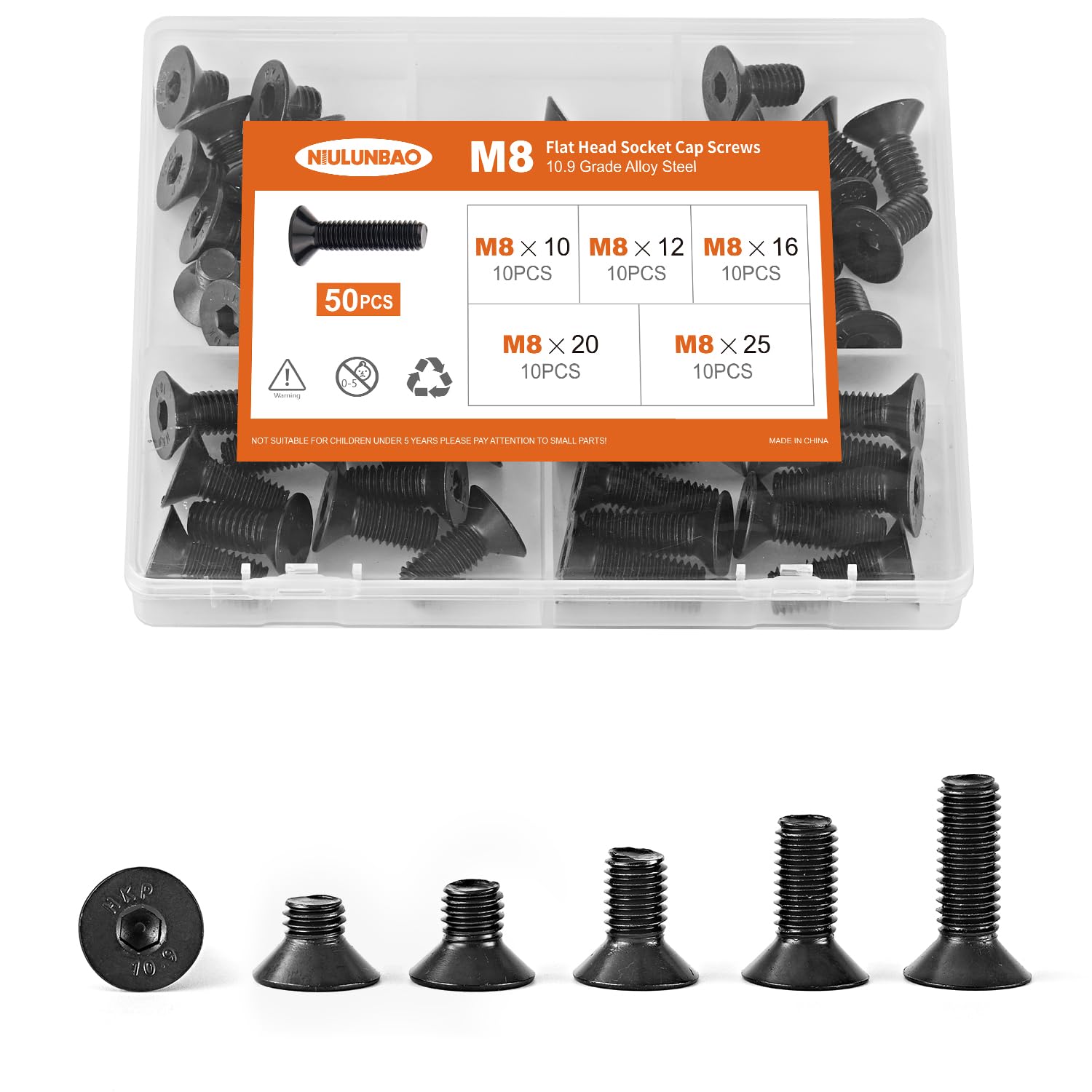 M8 x 10mm 12mm 16mm 20mm 25mm Flat Head Socket Cap Screws Countersunk Bolts, 10.9 Grade Alloy Steel, Black Oxide Finish, Metric Allen Socket Drive,