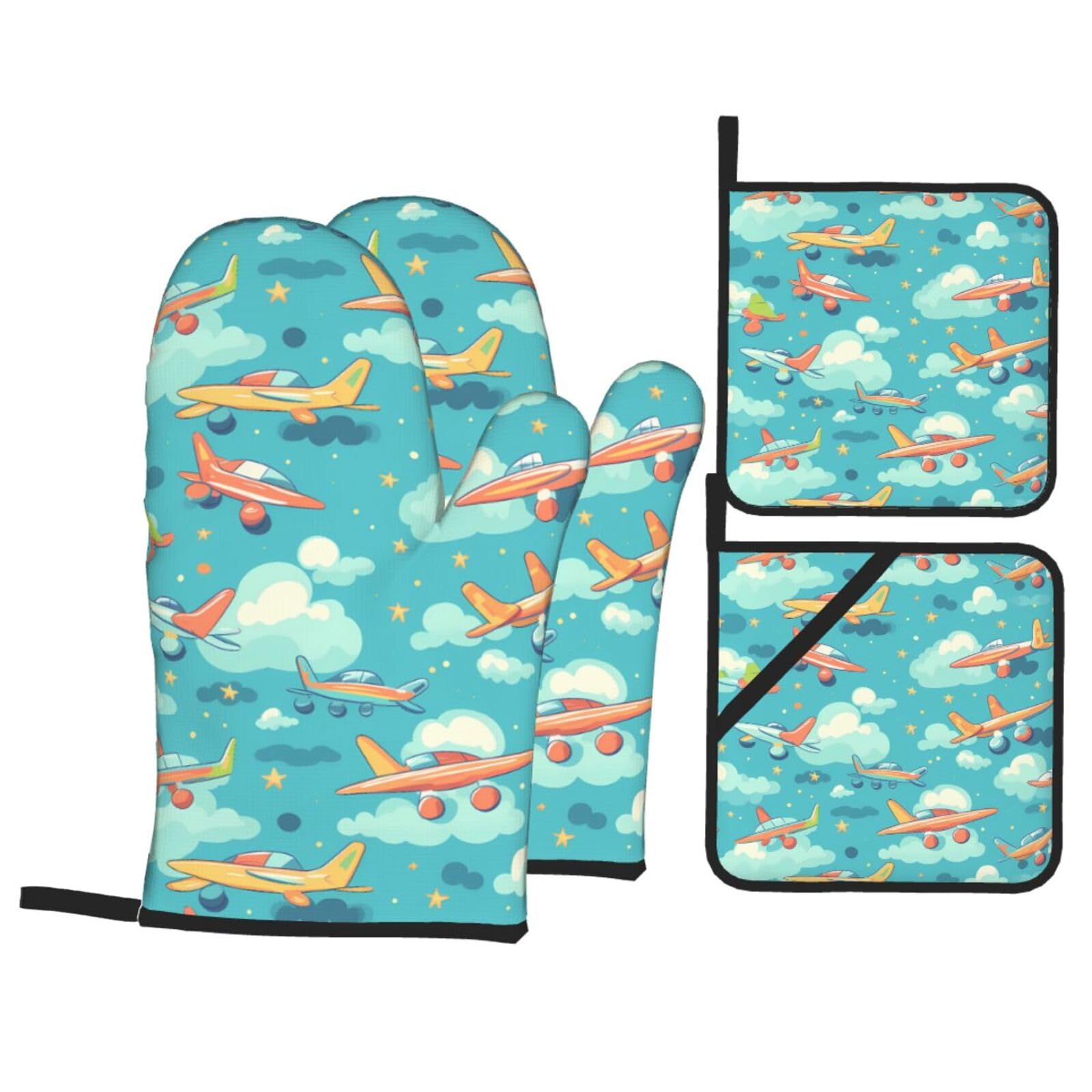 HJFCZH Beautiful Sky Airplane Picture Kitchen Baking Set of 4 Thick Insulated Oven Mitt & Pot Holders, Anti-Scalding for Microwave, Oven, Outdoor BBQ