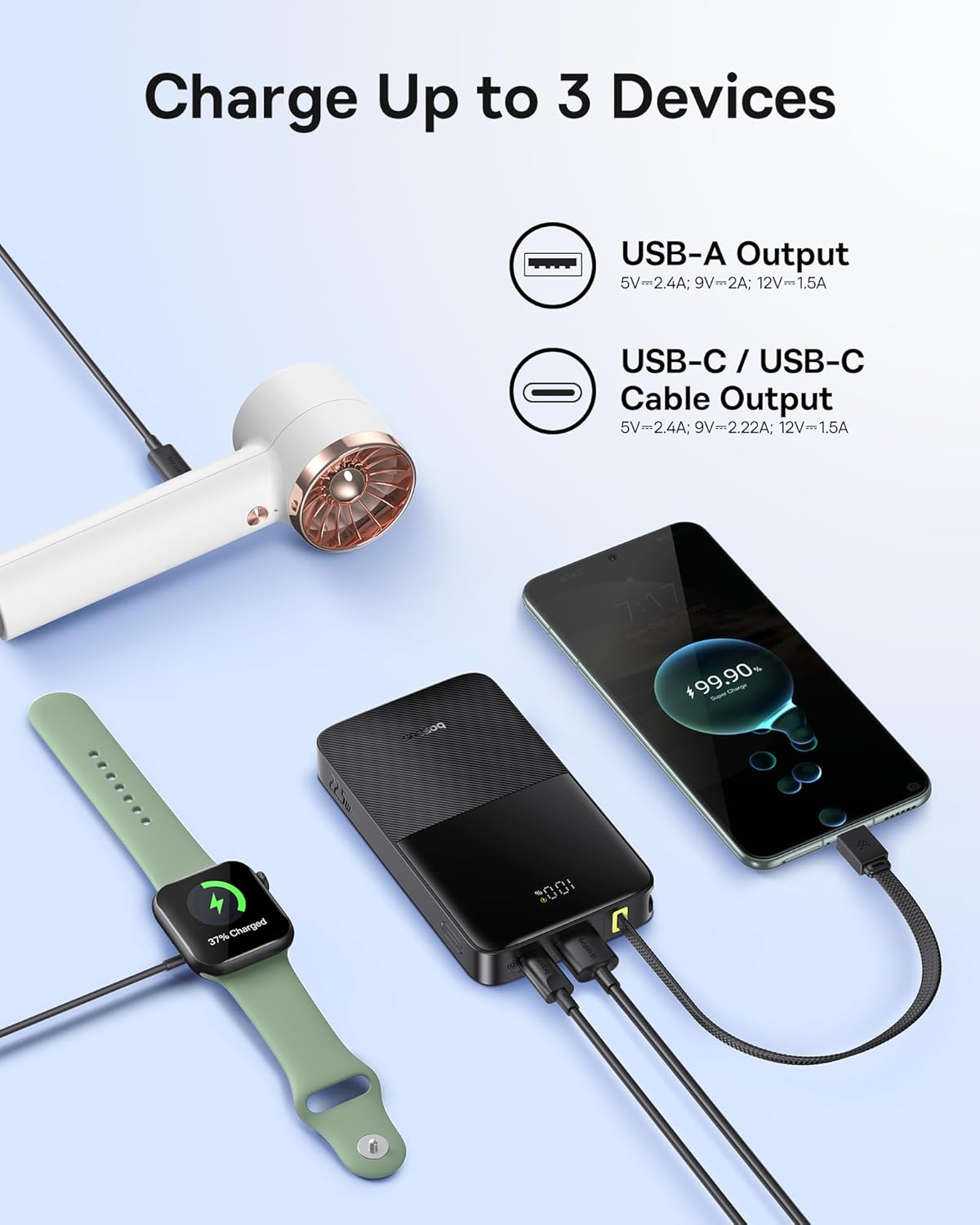 Baseus Portable Charger simultaneously charging a smartwatch, a smartphone, and a hairdryer.