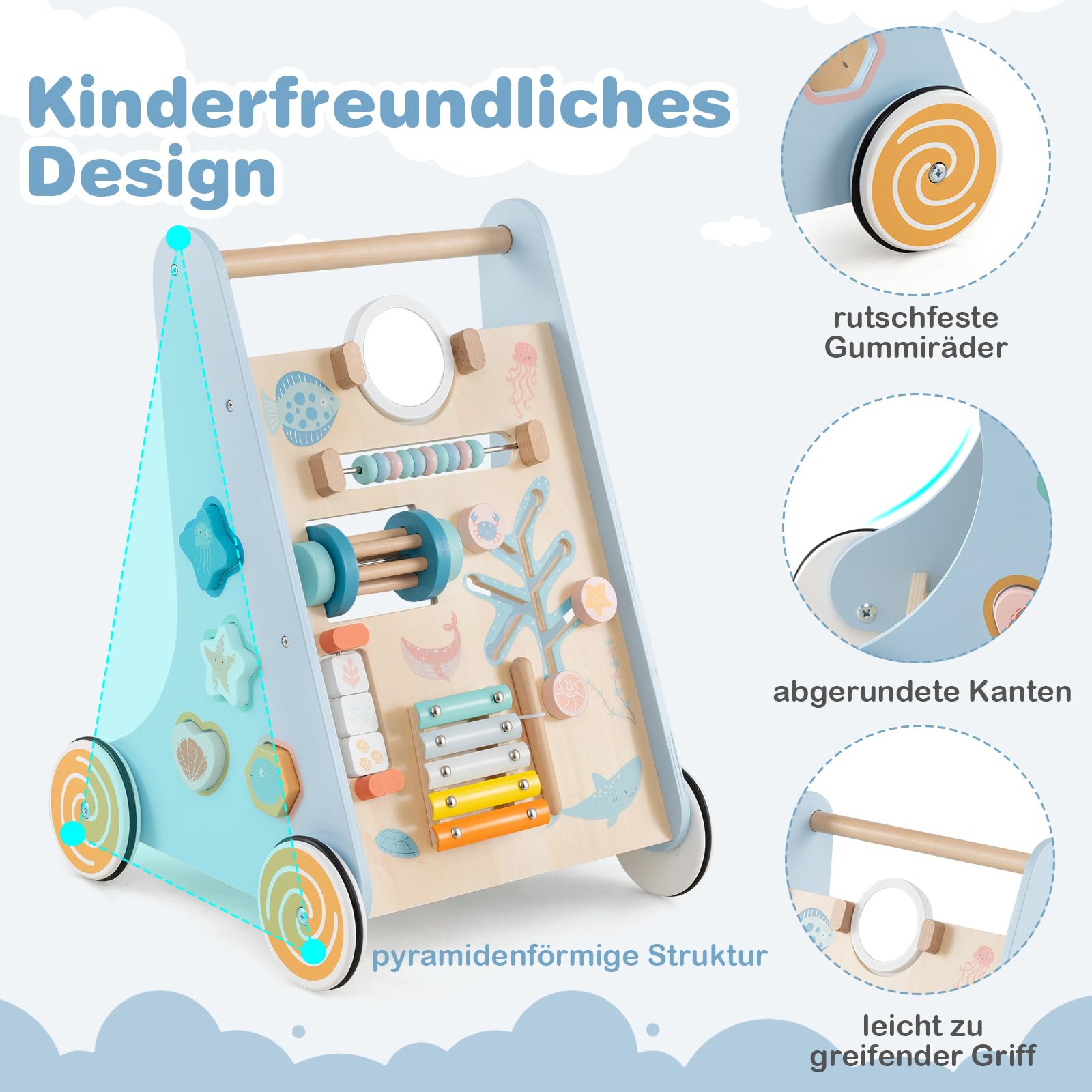 DREAMADE Lauflernwagen Holz, multifunktionale Lauflernhilfe mit Montessori Spielzeug, Schiebe- und Zieh-Lernaktivitätszentrum mit Rädern, Baby Walker für Jungen und Mädchen