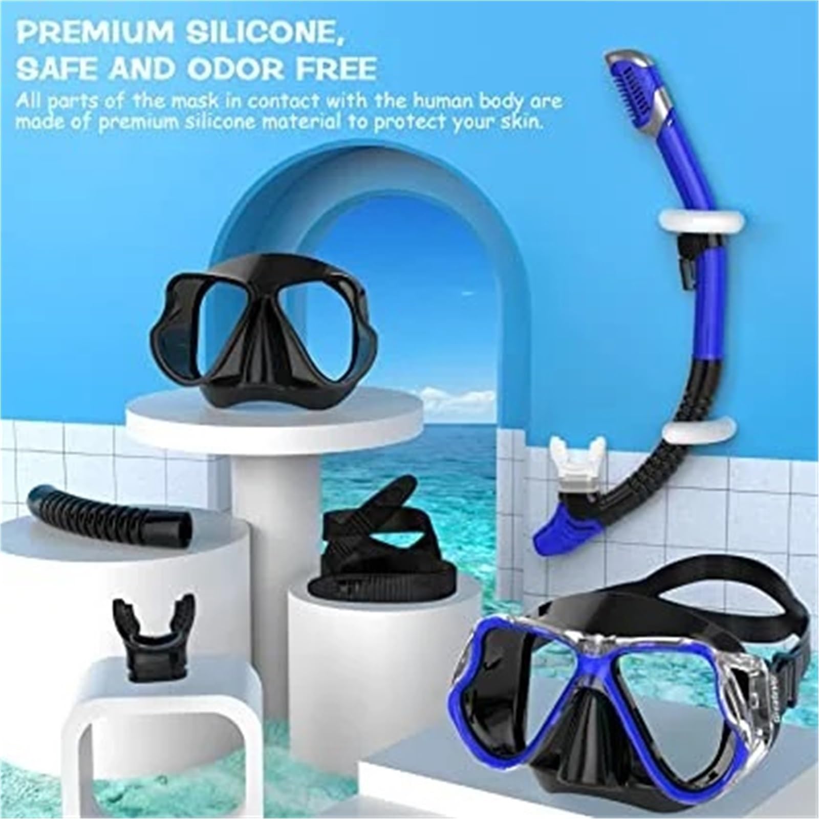 Maschera Subacquea Set da Snorkeling Maschera Subacquea in Vetro temperato antiappannamento in Silicone, Occhiali per Adulti Maschera da Snorkeling a Prova di perdite(Black Green)