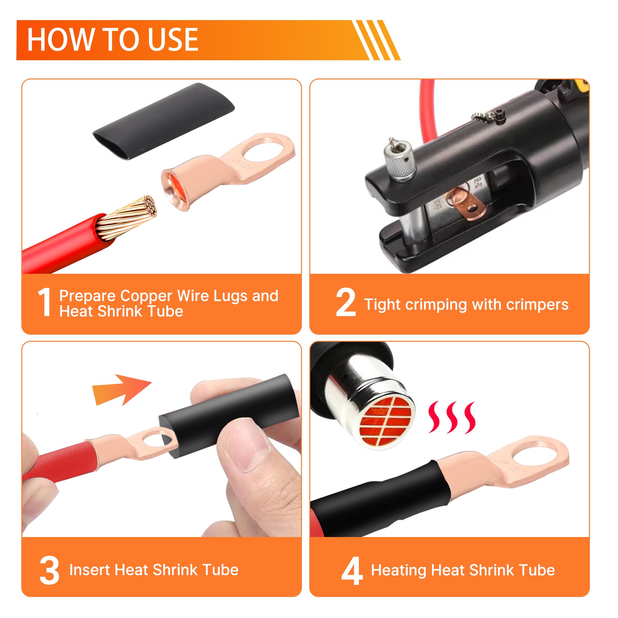 Kuject 220 extremos de cable de batería AWG 1, 2, 4, 6, 8, 1/0, 2/0, 110 terminales de cobre resistentes, surtido de conectores de terminales de cable de batería con 110 tubos termorretráctiles 3:1