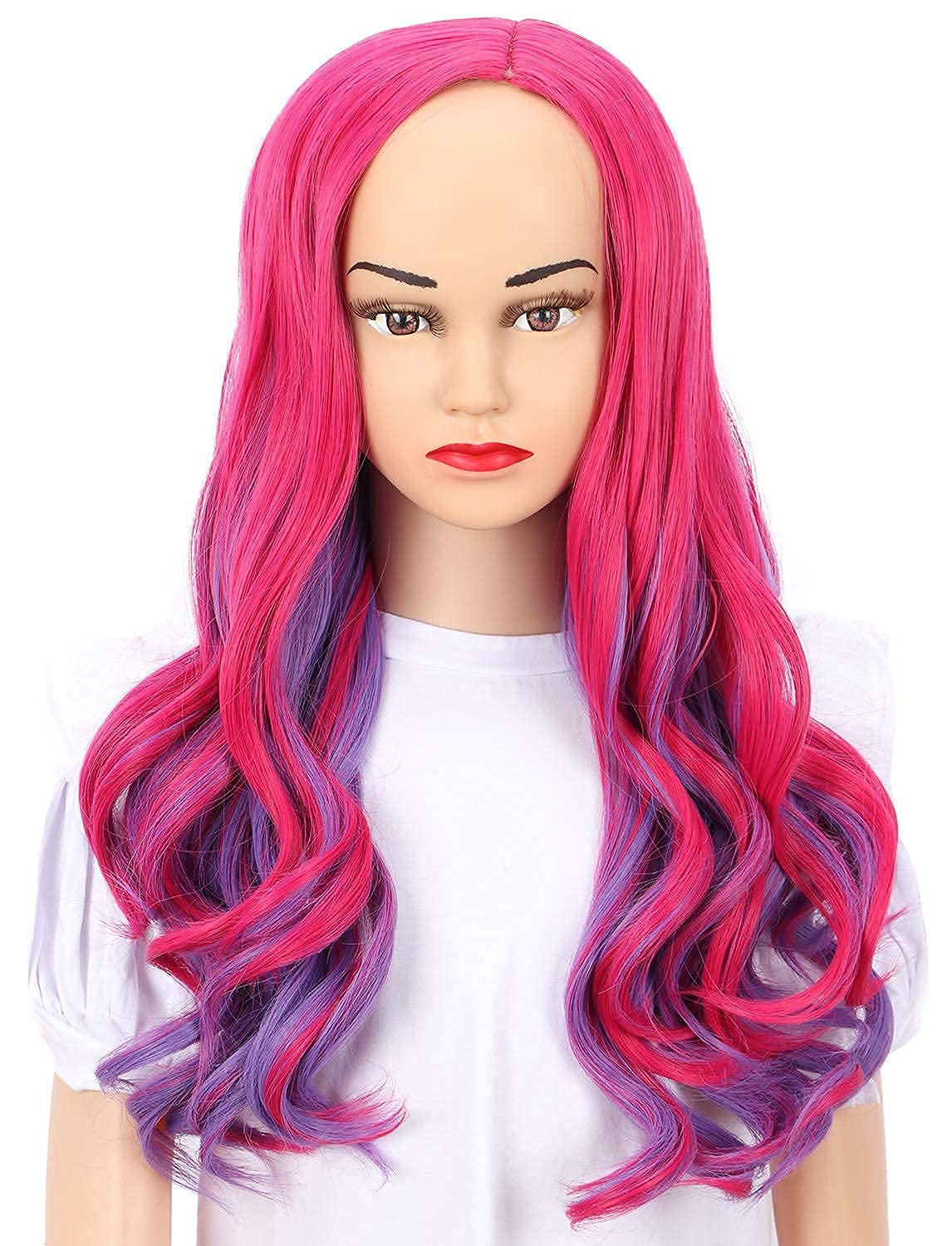 TSNOMORE Audrey Cosplay Wig for Women Pink Mixed Blue Long Curly Synthetic Wigs Halloween Costume Party Cosplay Wig