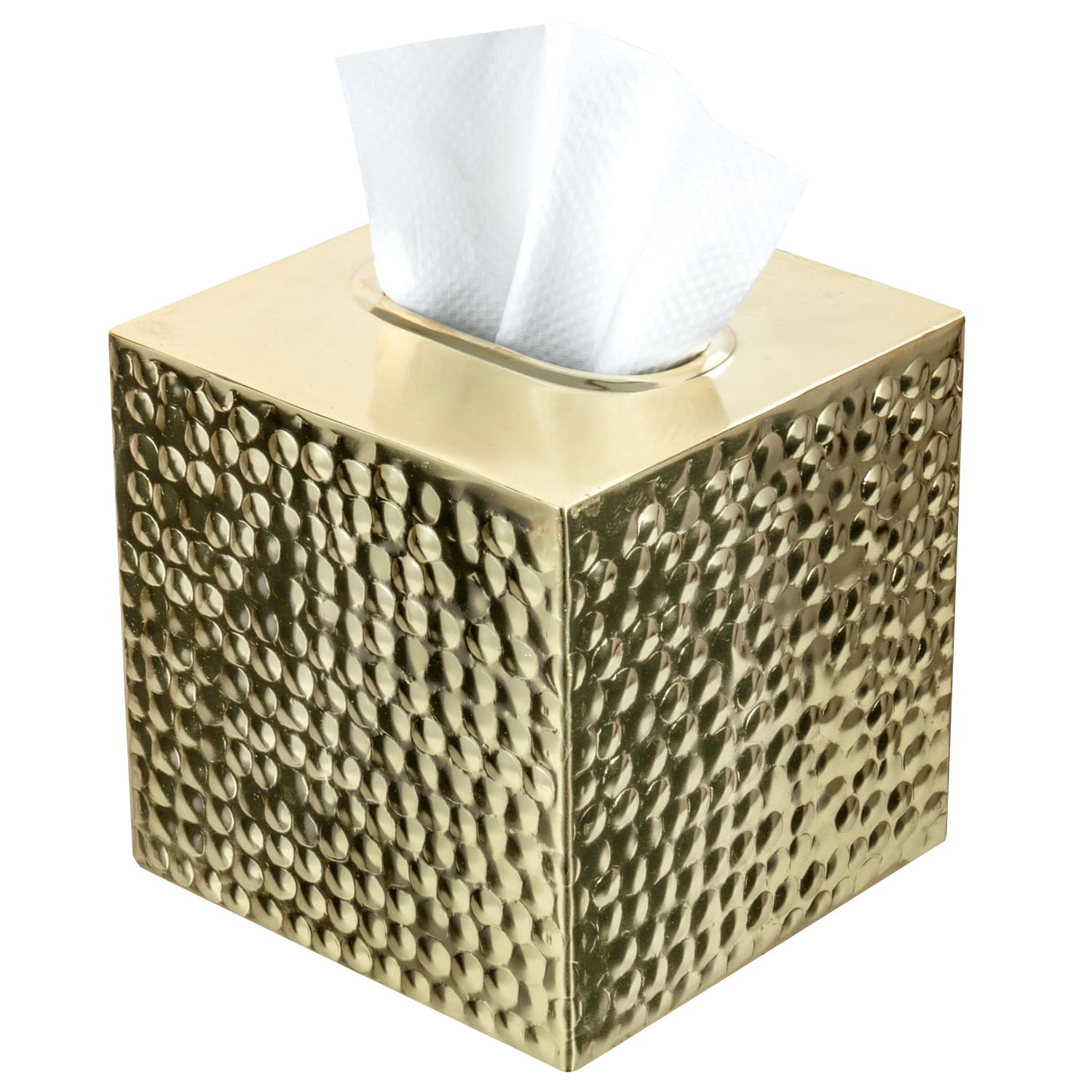 MyGift Modern Hammered Brass Tone Metal Cube Facial Tissue Box Cover with Open Bottom, Decorative Pebbled Texture Square Holder for Bathroom Tissues - Handcrafted in India