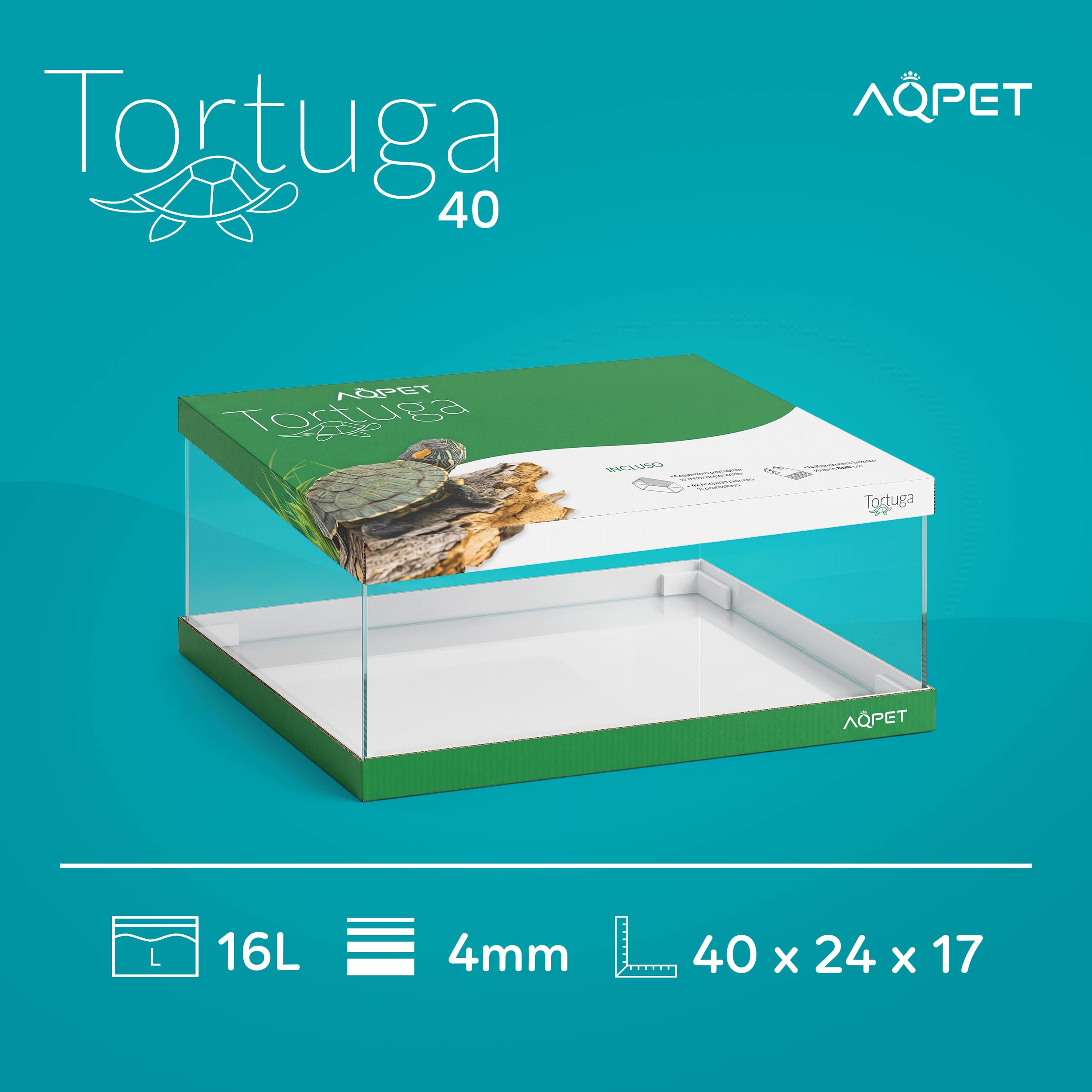 AQPET Tortuguera de Cristal con Tapa e Isla para Tortugas de Agua Tortuga, 40, 40 x 24 x 17 cm, 16 litros