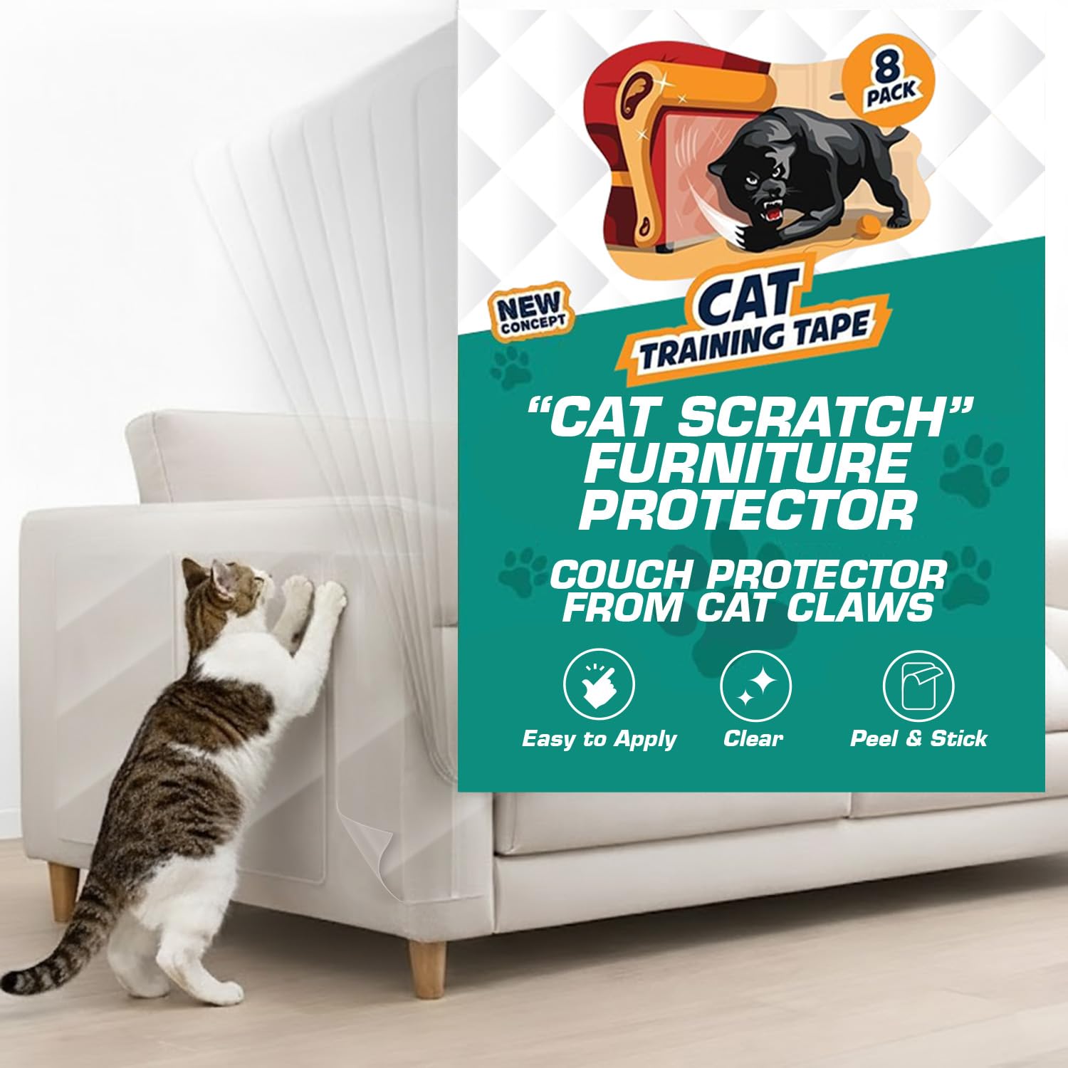Cat Scratch Deterrent Tape ââ‚¬â€œ 8(Eight)-Pack ââ‚¬â€œ Double Sided Anti Cats Scratching Sticky Tape ââ‚¬â€œ 4-Pack XL 16ââ‚¬ÂL 12ââ‚¬ÂW + 4-Pack Large 17ââ‚¬ÂL 10ââ‚¬ÂW Furniture Protectors ââ‚¬â€œ Clear Training Tape