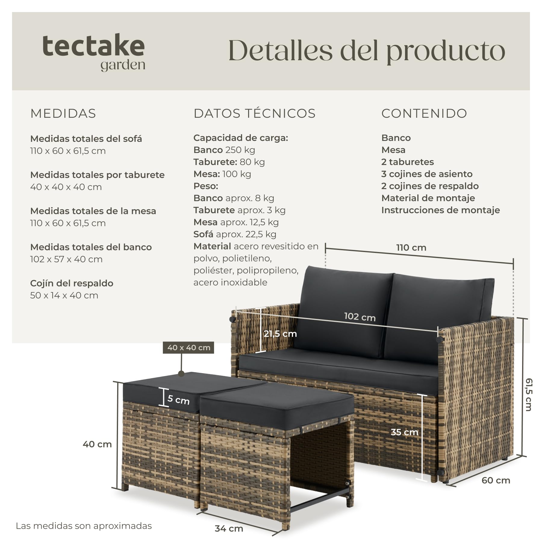 tectake® Conjunto Jardin Exterior 2 en 1, Muebles Jardin Exterior, Mesa y Sillas Terraza, Sofa con Cojines Impermeables y Lavables, 4 Personas, Sofas, Silla, Mesa Terraza, Mueble - Natural