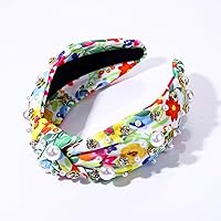 Vista 6 de Diademas anudadas de perlas para mujer, con flores impresas y diamantes de imitación de cristal brillantes adornadas con nudo superior, accesorios