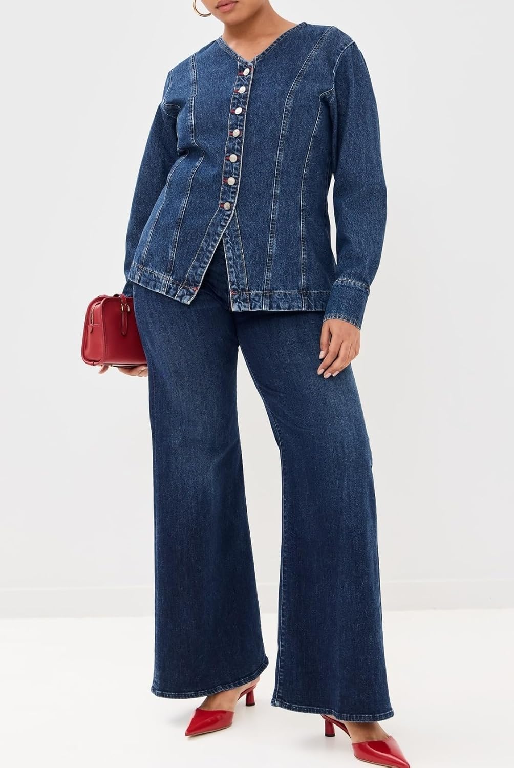 Women's Collarless Denim Jacket Long Sleeve Button Down V-Neck Slim Fit Jean Jacket Denim Top - Image 5