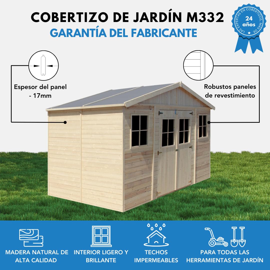 Cobertizo de Madera para jardín - A246x418x220cm/8m2 Cobertizo de Madera Natural - Taller de Jardín - Bicicleta, Almacenamiento de Herramientas TIMBELA M332