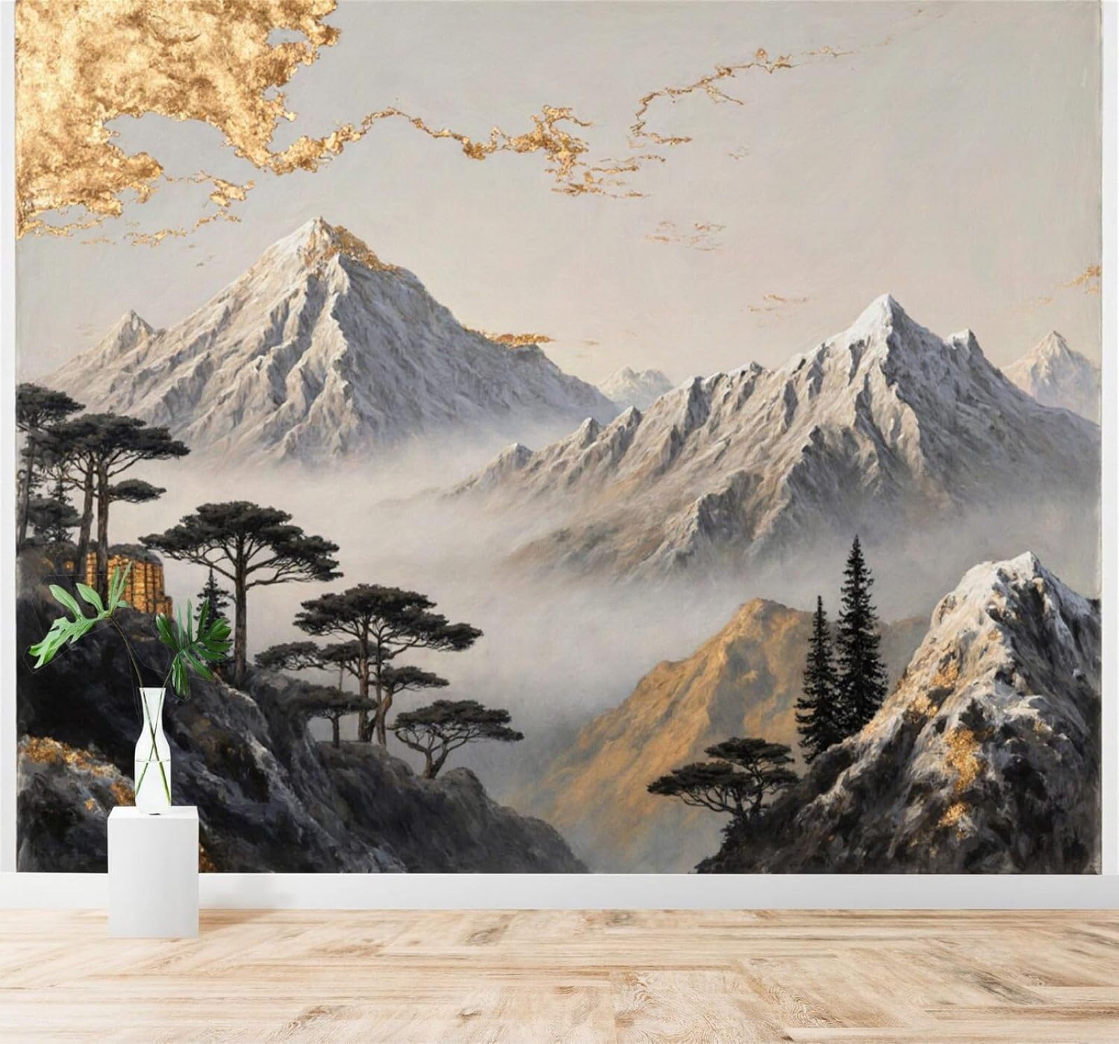 3D Papel Pintado Paisaje Montañoso Envuelto Niebla Pinos Abstracto Dorado