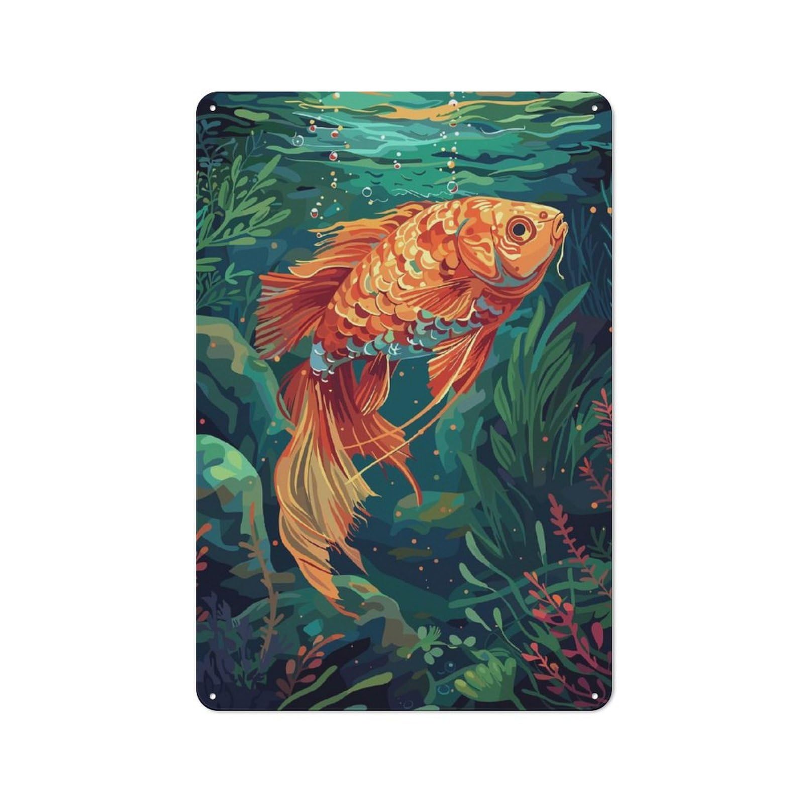 Junmoney Style-7 Tin Sign 30X20cm With Golden Fish Underwater For Workshop Wall, Retro Decor, For Metal Sign Collectors, For Cafés, Pubs And Restaurants