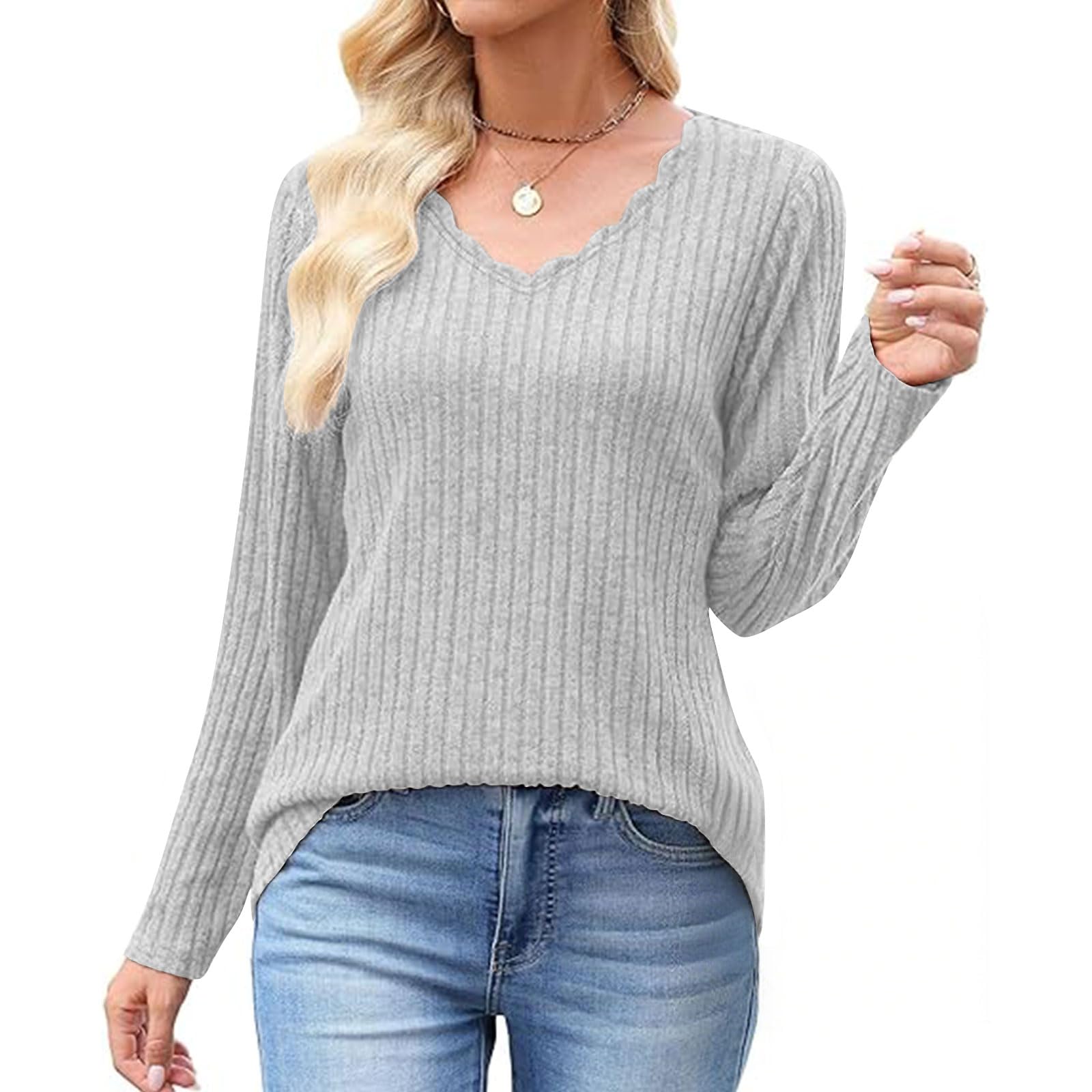 Business Casual Long Sleeve Shirts for Women V Neck Pullover Lightweight Fall Winter Fashion Blouse Tops