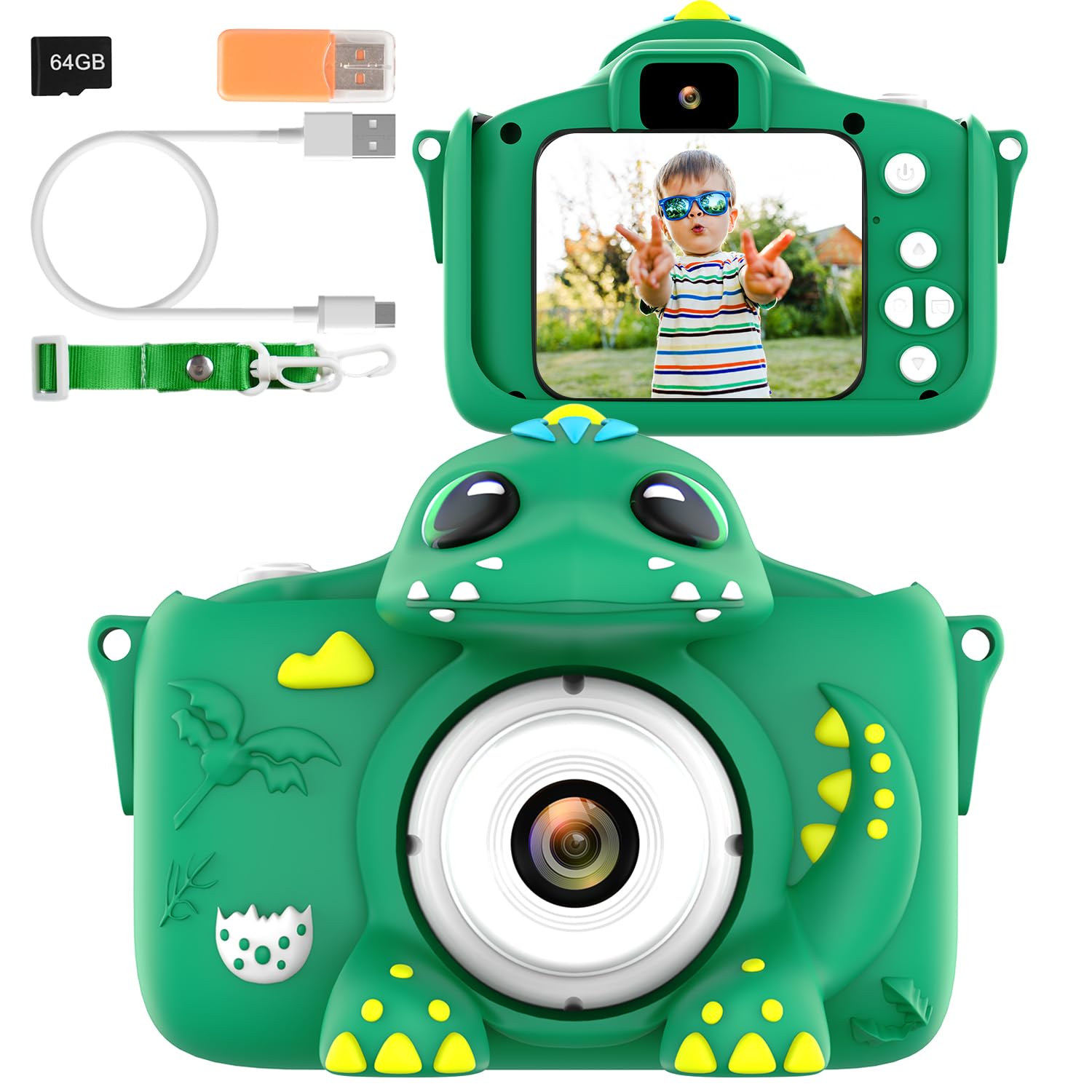 Kids Camera for Girls Boys Toddlers Childrens Age 3-8 Digital Selfie with 64GB Card for Son Daughter Grandson Granddaughter Christmas Birthday Gifts