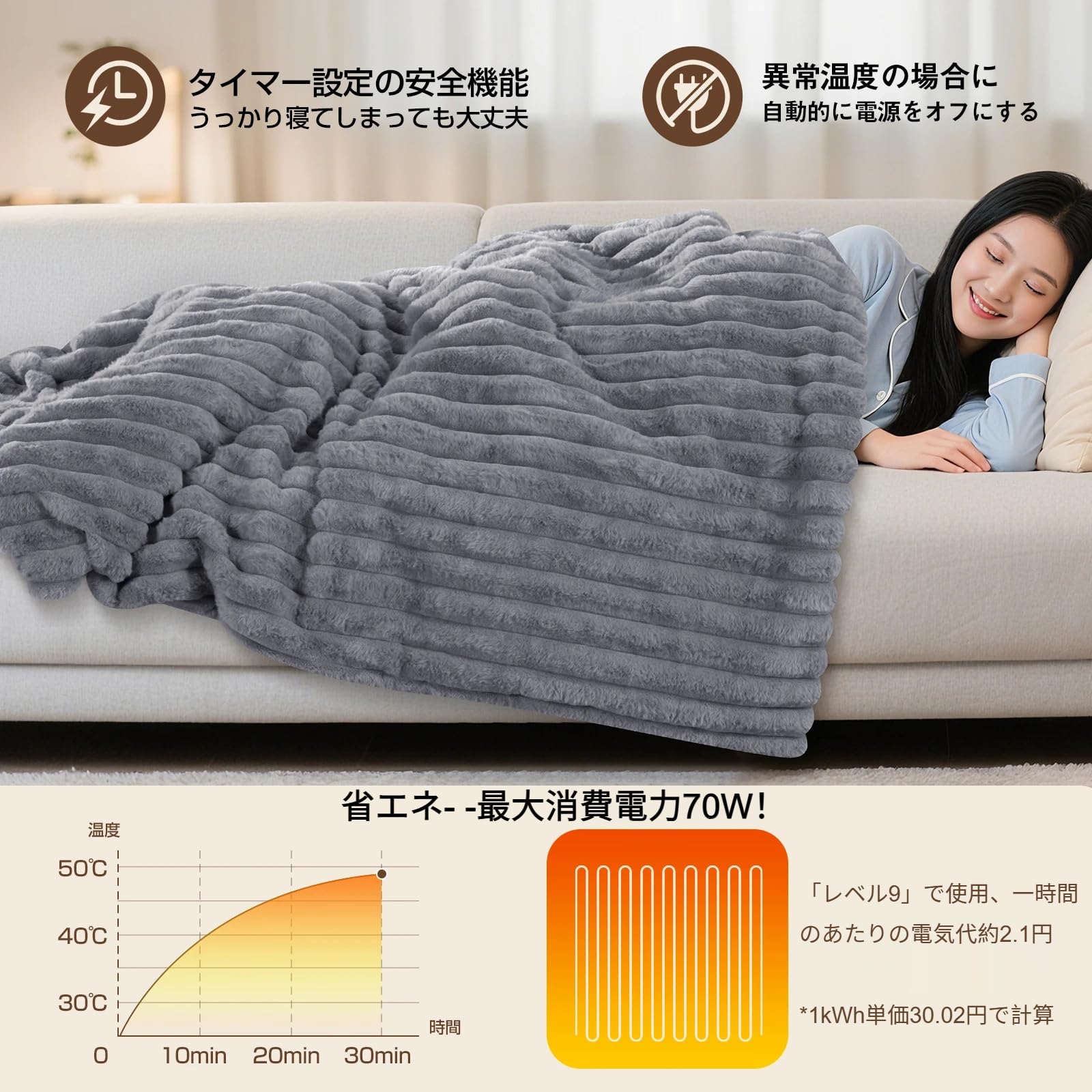 電気毛布 掛け敷き兼用 190×130cm 表兎毛調×裏フランネル 9段階温度