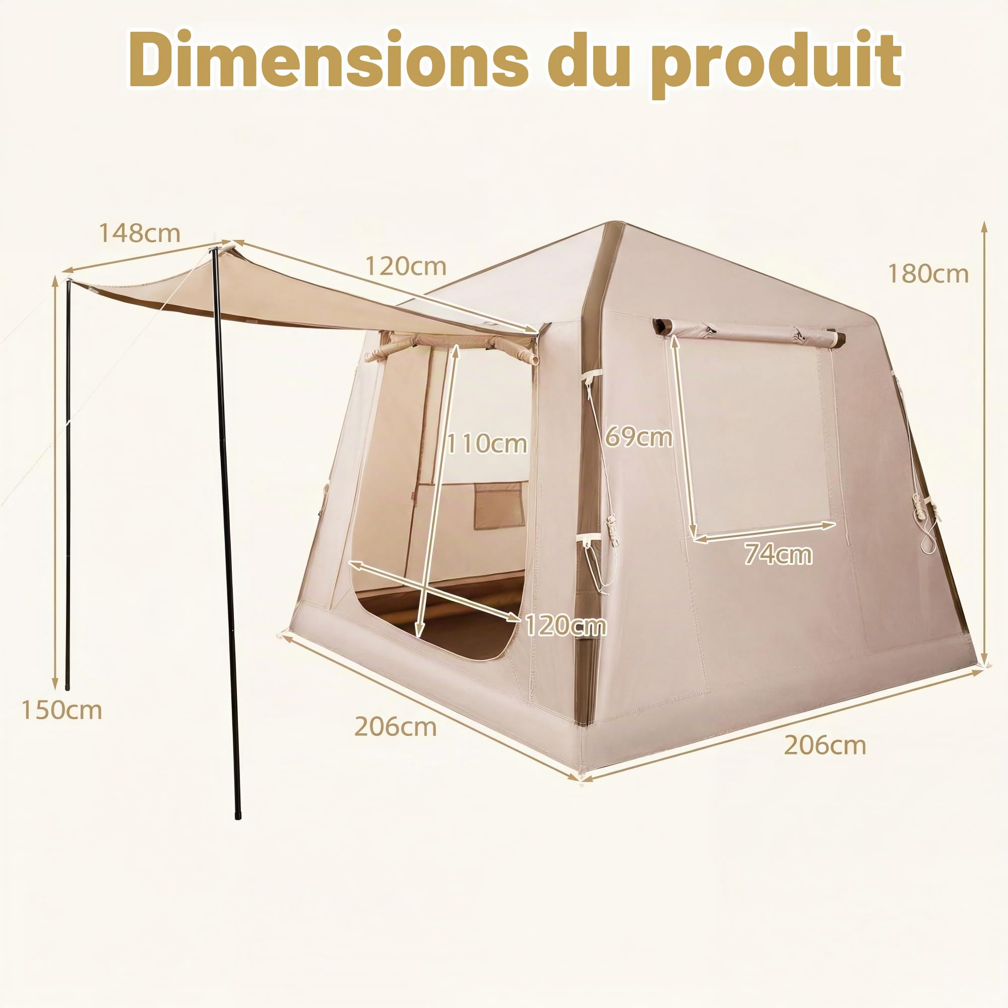 HOMASIS Tente de Camping Gonflable 2-4 Personnes avec Pompe, 206x206x180cm | Tente Familiale avec Porte, Fenêtres Moustiquaires, Piquets, Poteaux, Sac de Transport, pour Pique-Nique, Randonnée