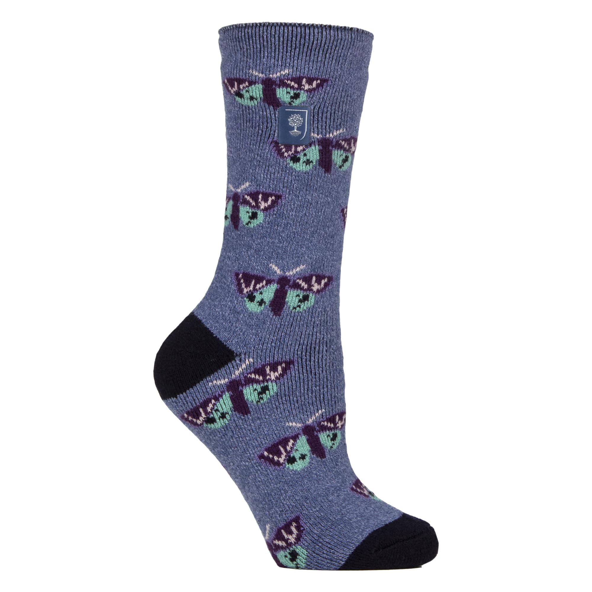 HEAT HOLDERS Womens Thermal Socks Lite | Thin Floral Patterned Fleece Lined Socks 4-7 UK (4-8, Butterflies/Denim)