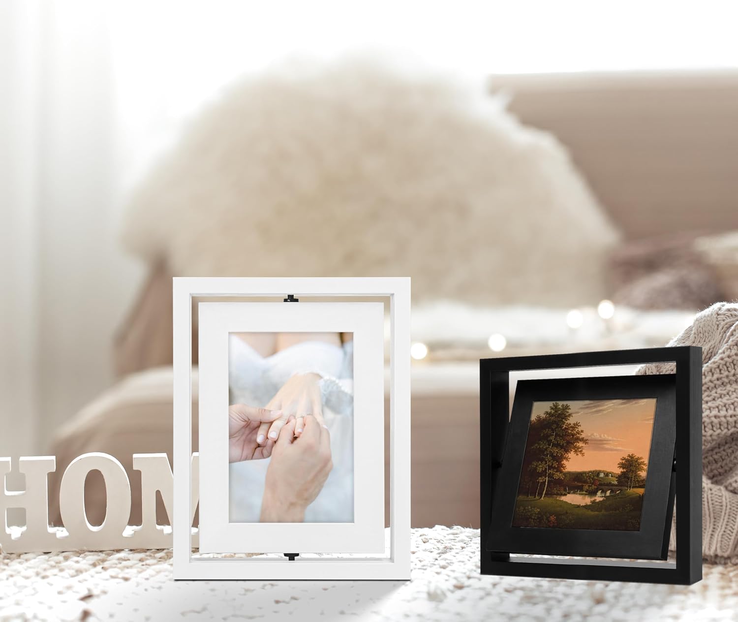 5x7 Rotating Picture Frame 2 Pack, Two-sided Viewing Display Photo Pine Wooden Real Glass, Vertical or Horizontal Free-Standing Desk Tabletop Frame, White