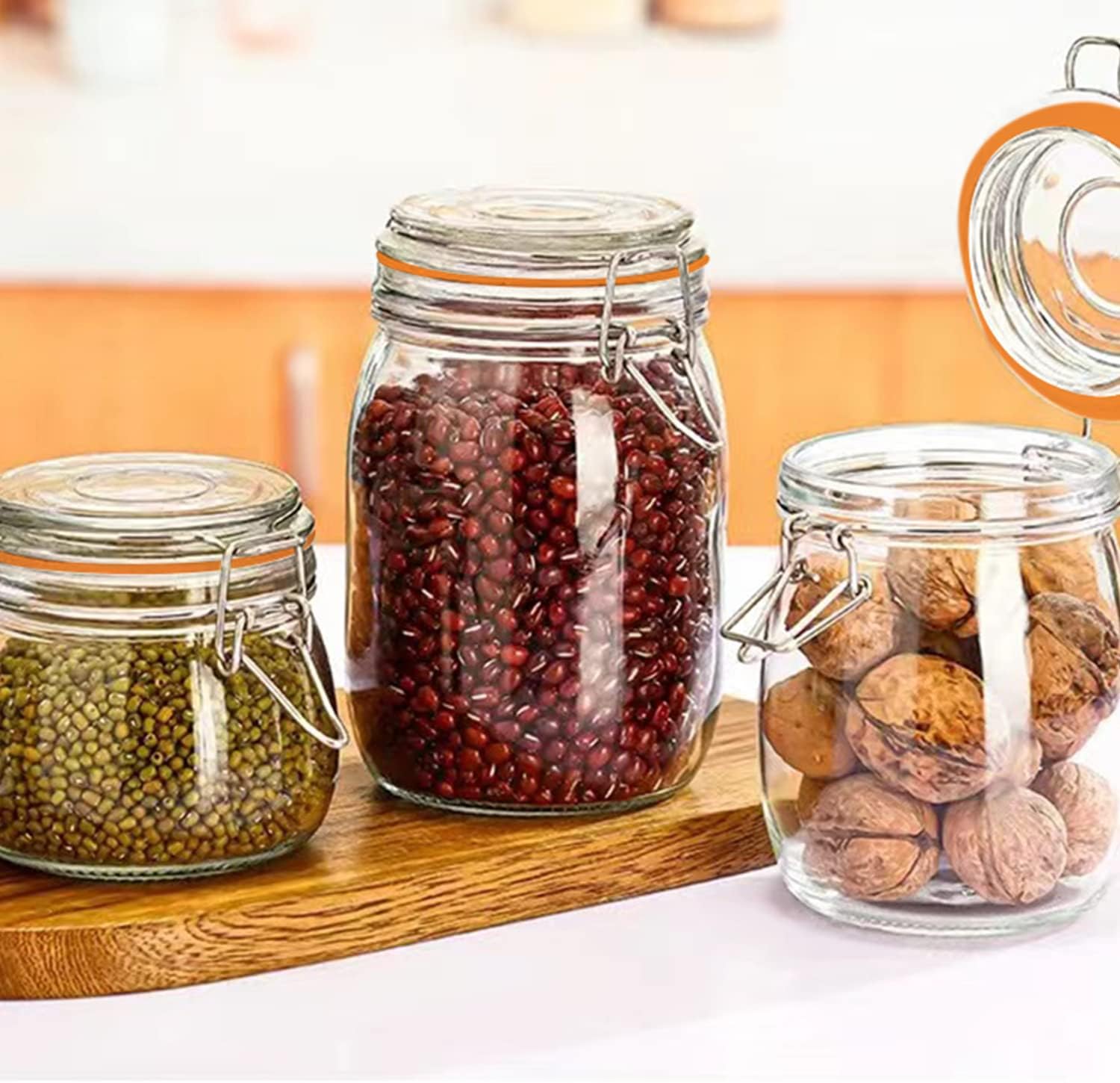 Encheng Glass Jars 32oz,Airtight Glass Food Storage Jar with Clamp Lid,1000ml Rounded Airtight Canister with Leak Proof Rubber Gasket,Clear Glass Kitchen Jars for Dry Food,Cereal,Beans,6 Pack