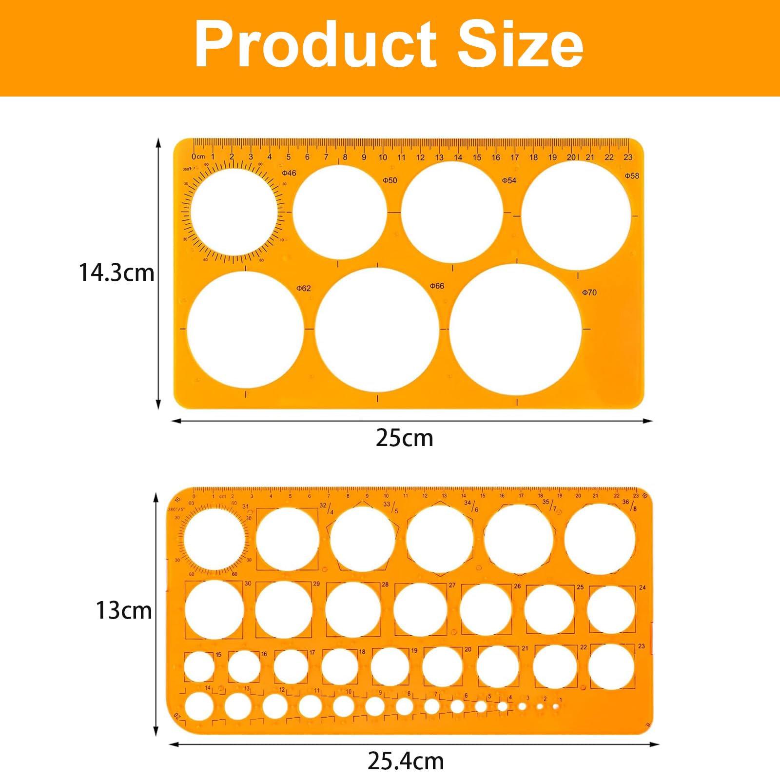 2 Piezas Plantillas Para Dibujar,Plantilla Circulos,Reglas Dibujo Tecnico,Plantilla Elipses Isometricas,para Medir Reglas Círculo Geométrico Plantillas de Dibujo(Naranja Transparente)