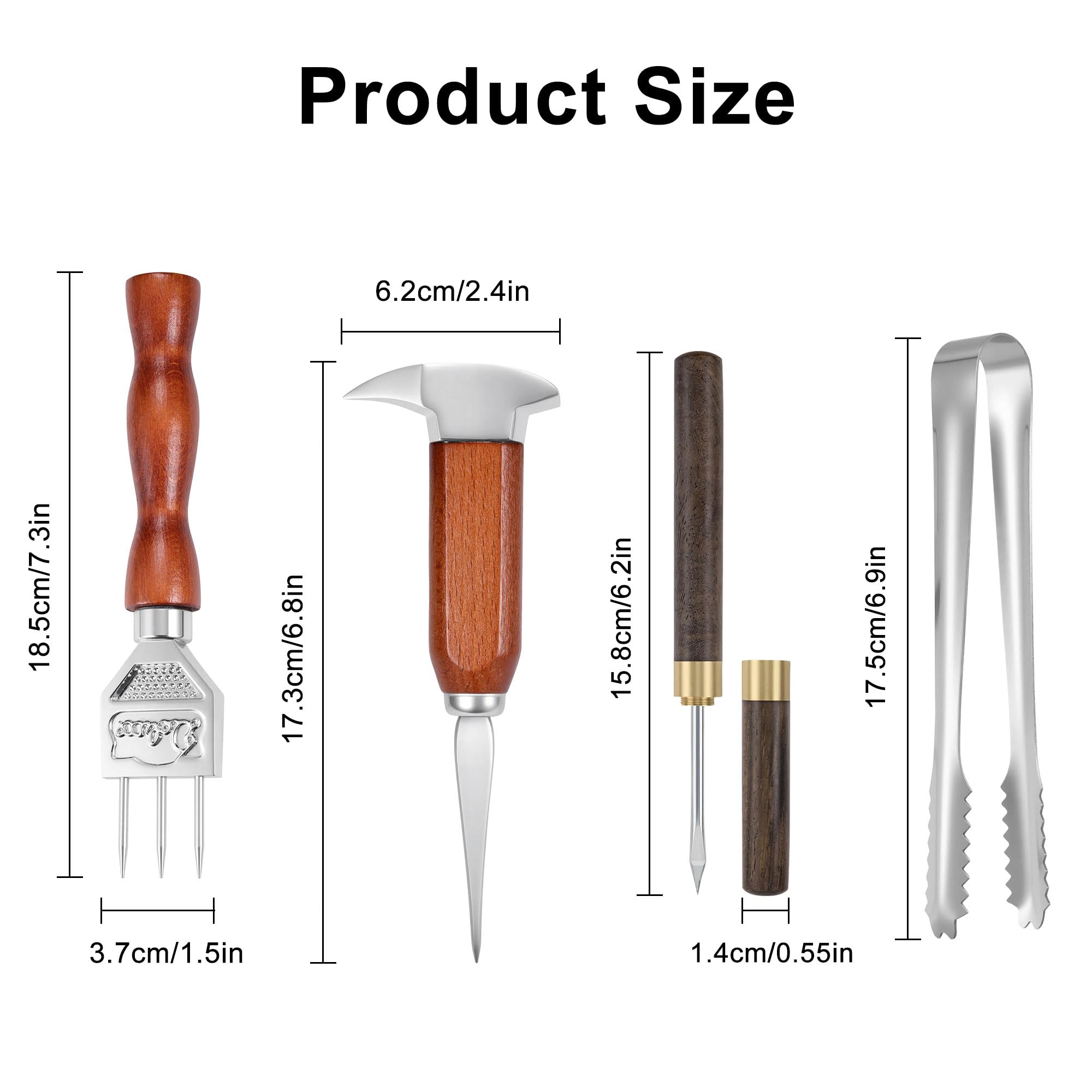 Juego de 4 palillos de hielo, trituradora de hielo de acero inoxidable con mango de madera, kit de barman trituradora de hielo con pinzas, ideal para bares, cocina y arte de tallado 7