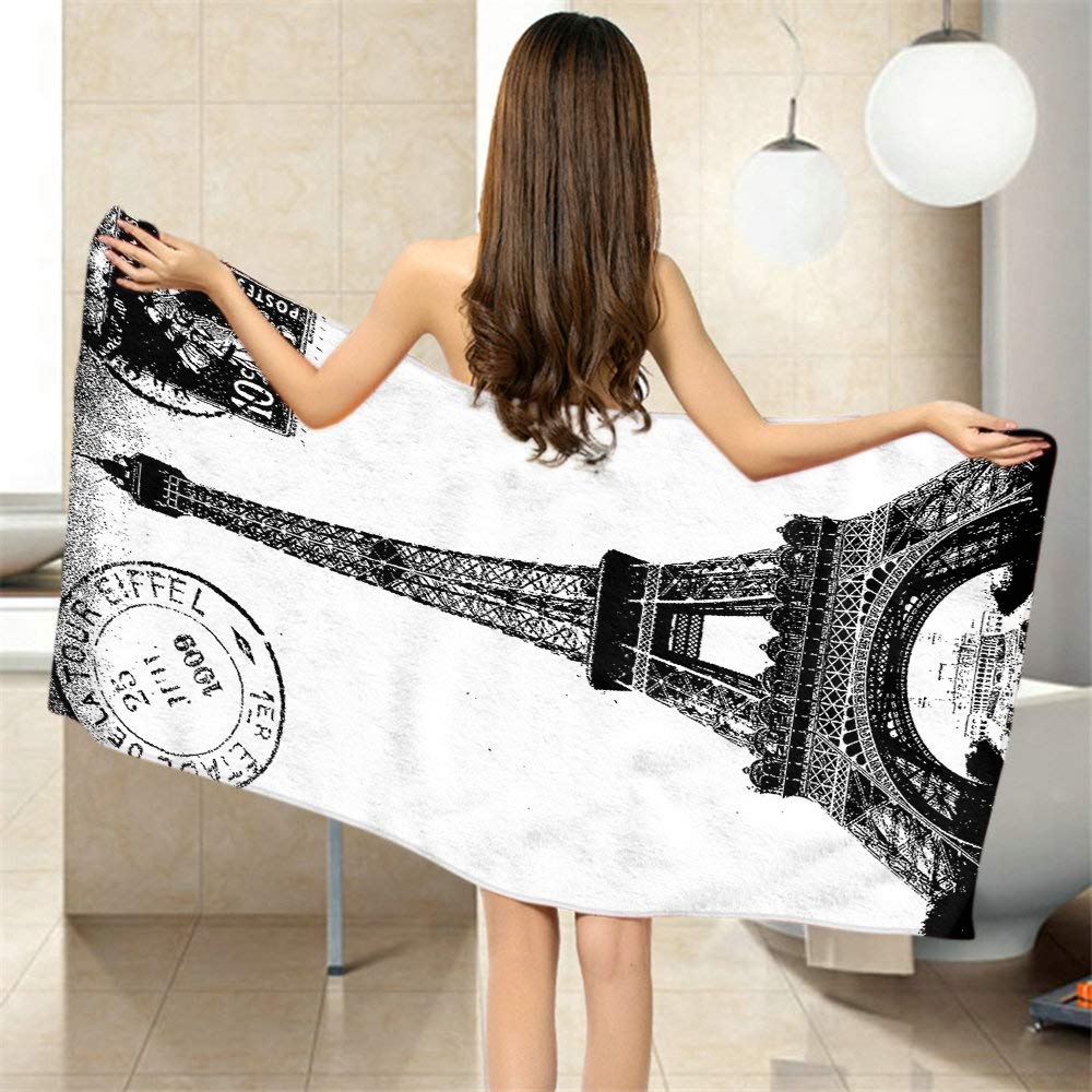 Moslion Soft Bath Towels Frech Paris Eiffel Tower City of Love Black White Comfy Bathing/Beach/Camping Towel for Women Men Girls Boys Large Size 64x32 Inches