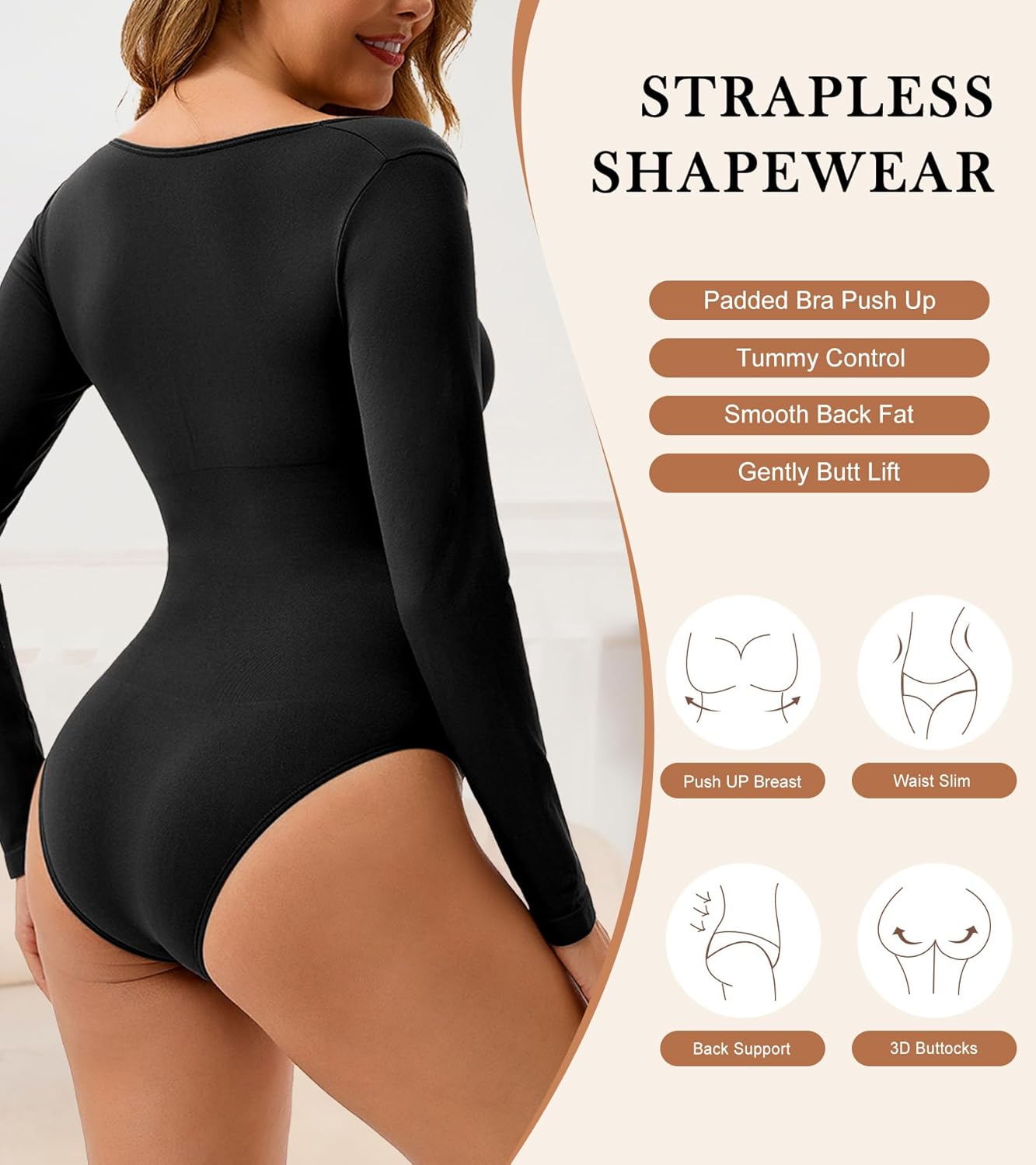 Long Sleeve Shapewear Bodysuit for Women Tummy Control, Seamless V Neck Body Suit Tops Body Shaper - Image 2