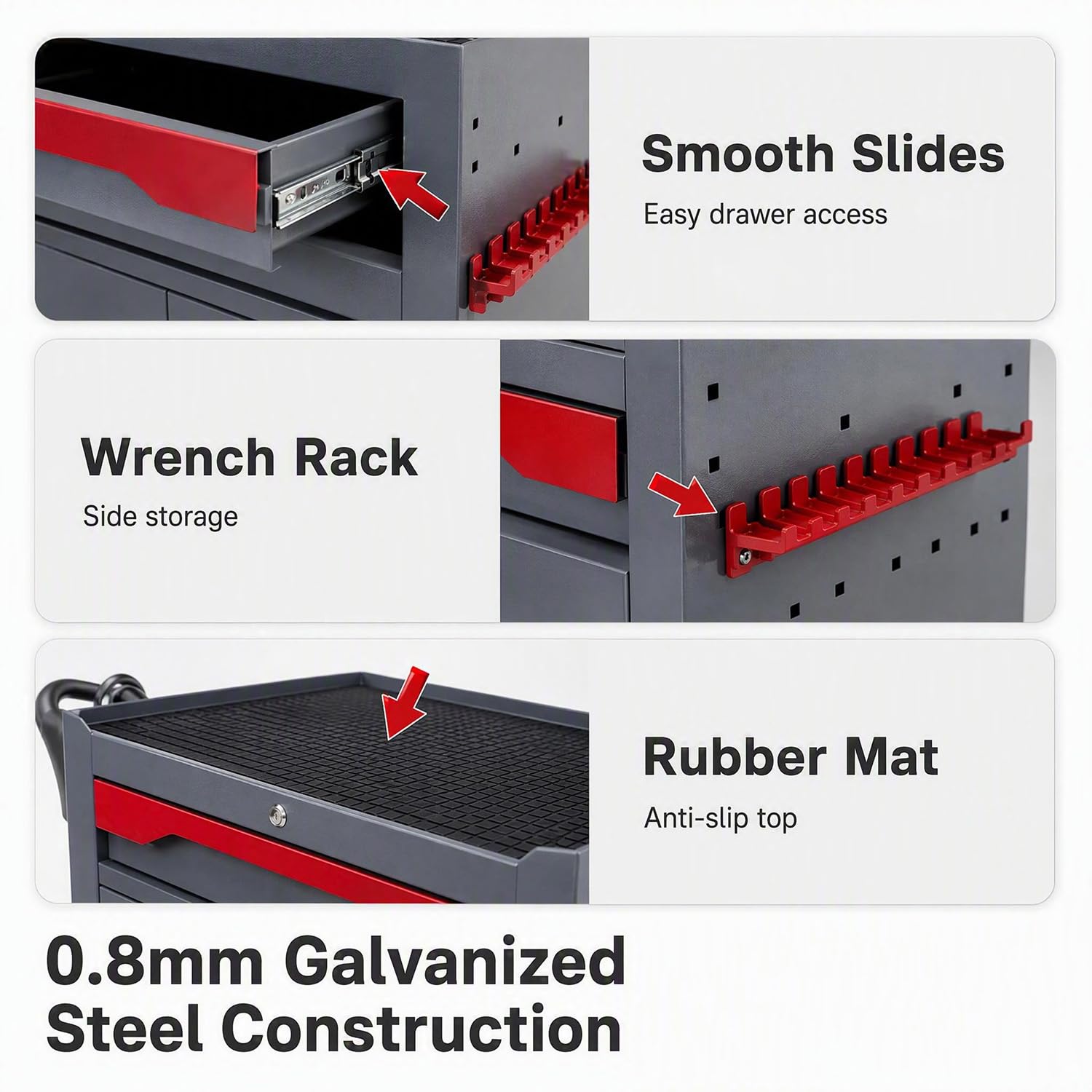 Rolling Tool Cart, 0.8mm Galvanized Steel, 3 inch Silent Casters