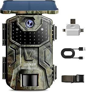 iZEEKER Solar Trail Camera 4K 30fps 48MP, Game Camera with Night Vision Motion Activated, 2600mAh Battery, No WiFi, IP66 Waterproof with SD Card Reader Compatible with Smartphones Computers asin的图片