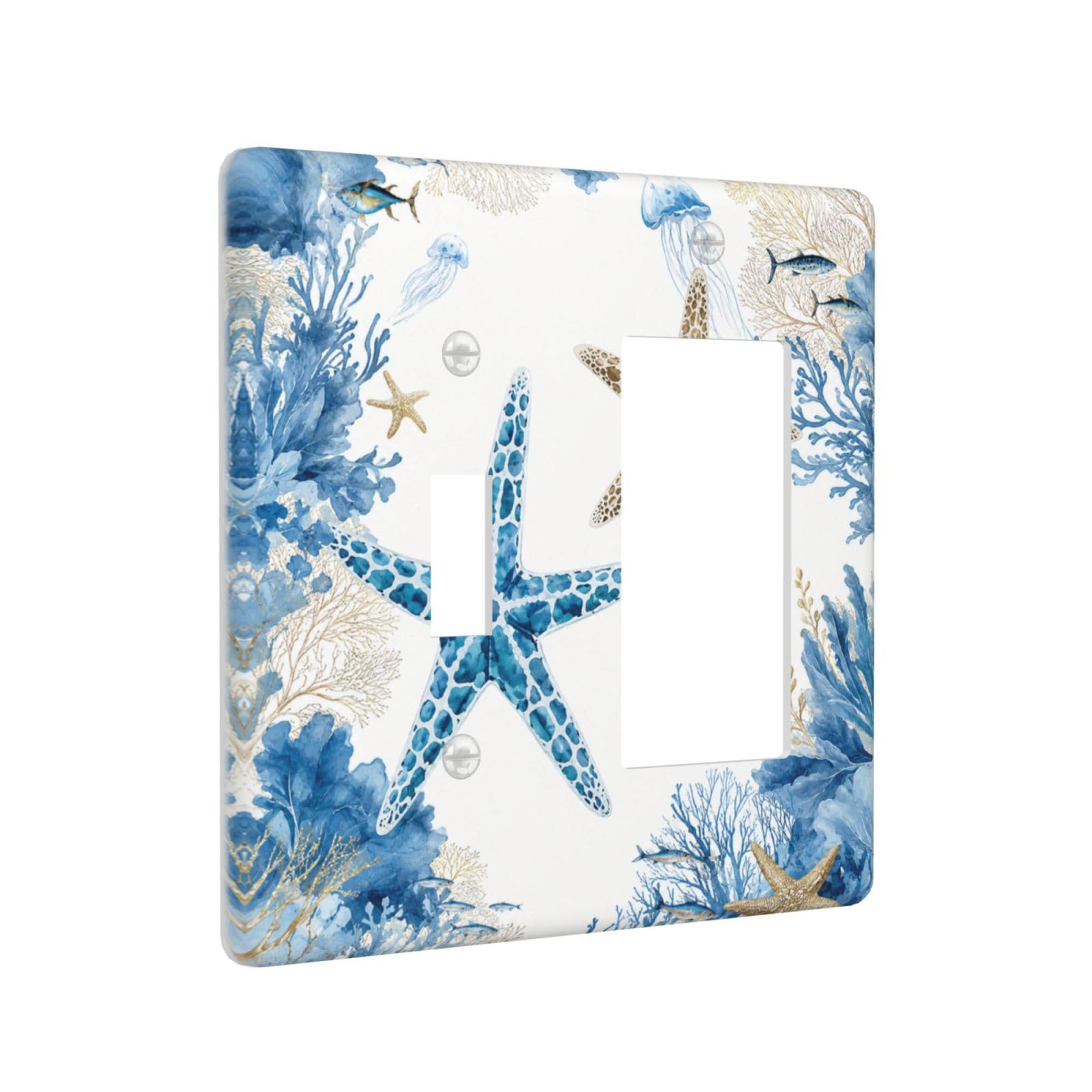 Yamxbfa Decorative Outlet Covers Blue Starfish Coral Reef Jellyfish Fish Coasta 2 Gang Light Switch Cover Plate Single Toggle 1 Rocker Wall Plates Electrical Switch Plate Covers for Bathroom Decor