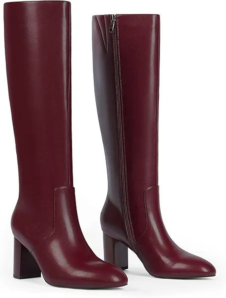 QIY Knee High Boots Women Faux Leather Boots Chunky High Heel Round Toe Side Zipper Fall Long Tall Boots for Women