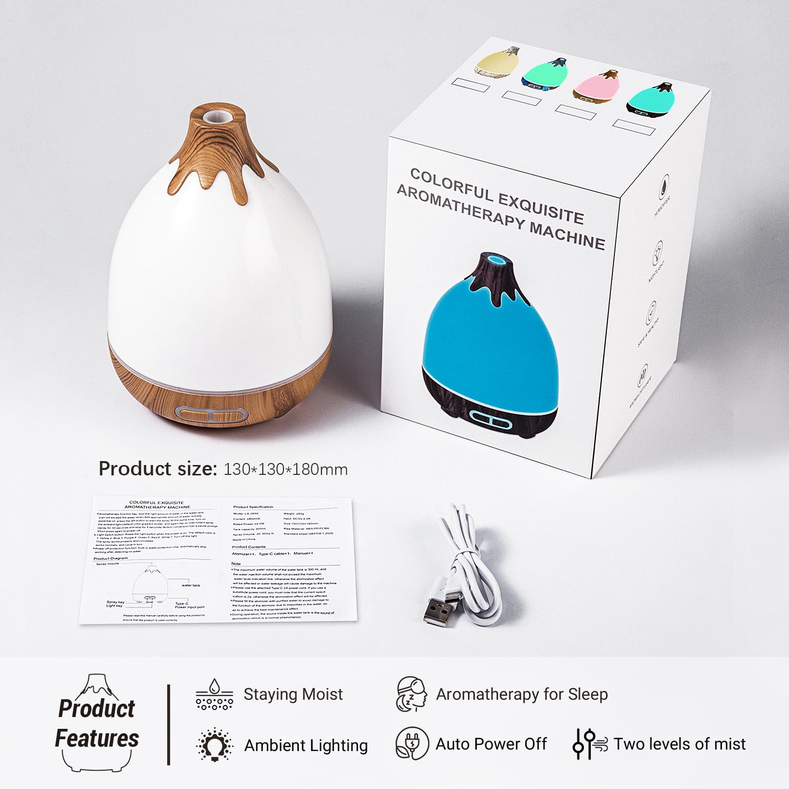 Diffusore di oli essenziali, 300 ml, umidificatori silenziosi per la casa, 7 LED a colori, spegnimento automatico, timer di sicurezza, diffusore per aromaterapia, per casa, ufficio, stanza,