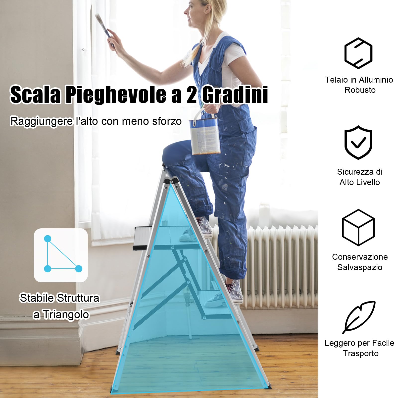 COSTWAY Scala Pieghevole in Alluminio a 2 Gradini, Scaletta Salvaspazio con Fibbia di Sicurezza, Ampi Pedali e Piedini Antiscivolo, Telaio in Alluminio Robusto e Leggero, Portata 150kg