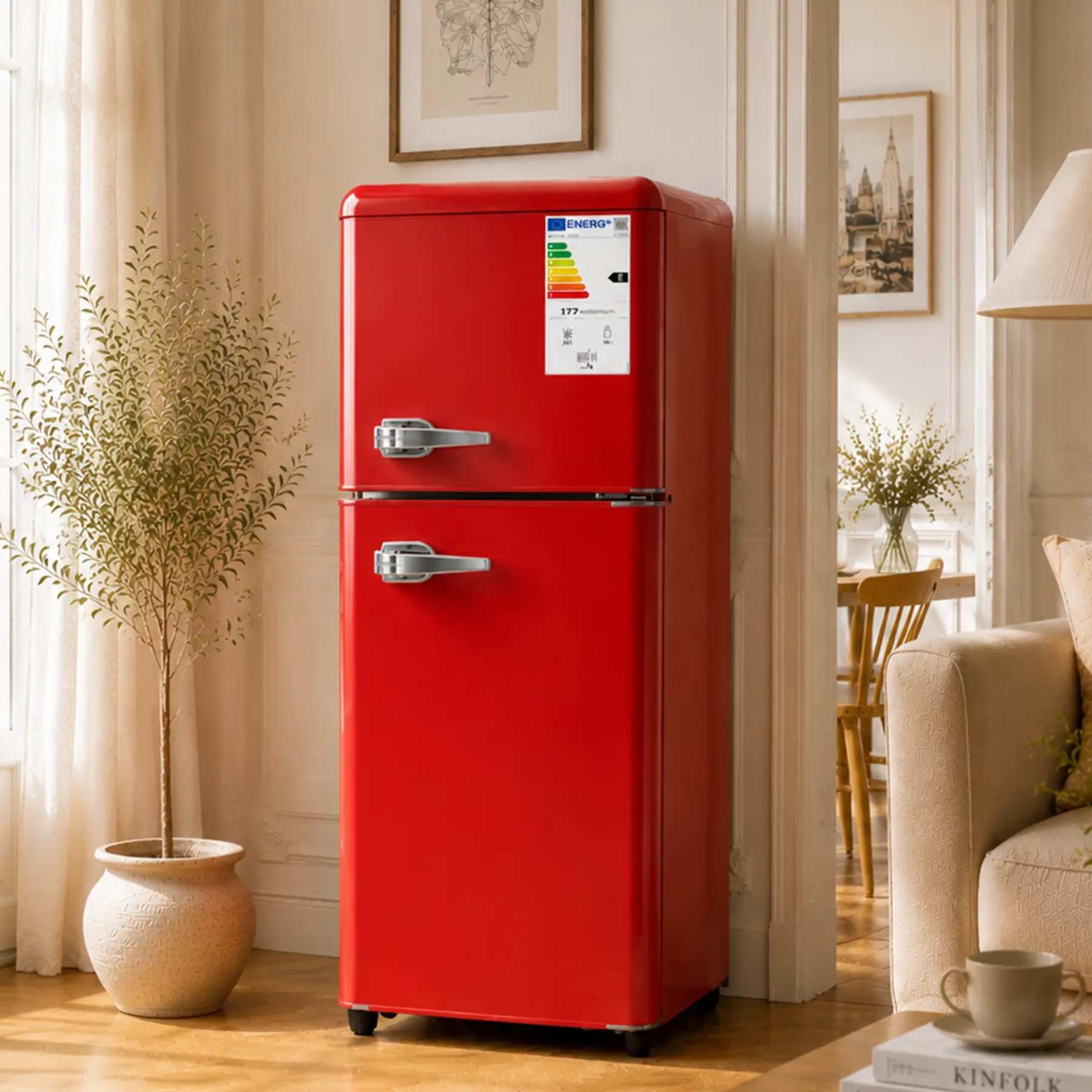 YEHTOKHOME - Refrigerador de 2 puertas, nevera pequeña, 7 niveles de ajuste de temperatura, iluminación LED, estantes ajustables, clase energética E, para cocina, salón y oficina (rojo, 112 L)