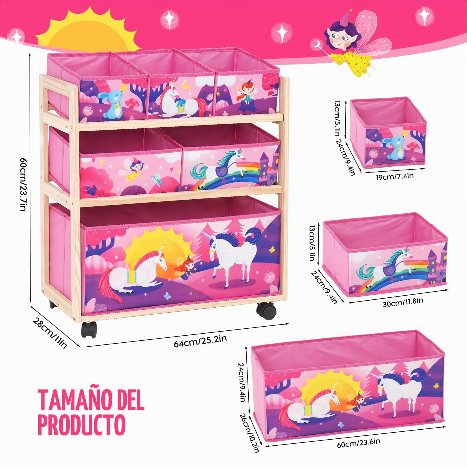 Organizador de juguetes para niños con ruedas y 6 recipientes de almacenamiento de gran capacidad para guardar juguetes para habitación de niños, habitación de niñas