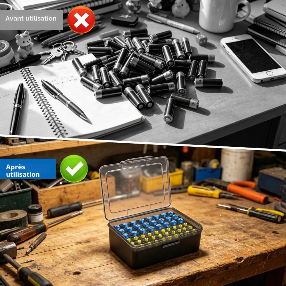 Boîte de Rangement pour 24 Piles AA et 30 AAA, Matériau Translucide Noir | Organiseur Portable en Plastique, Boîtier de Batterie Résistant à L'humidité et à la Poussière, Dur étui pour Pile