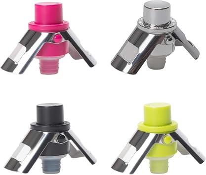 Cork Pops Assorted Colors 3 Inch Acrylic Dual Metal Wing Lock Champagne Vacuum Stopper Set of 4