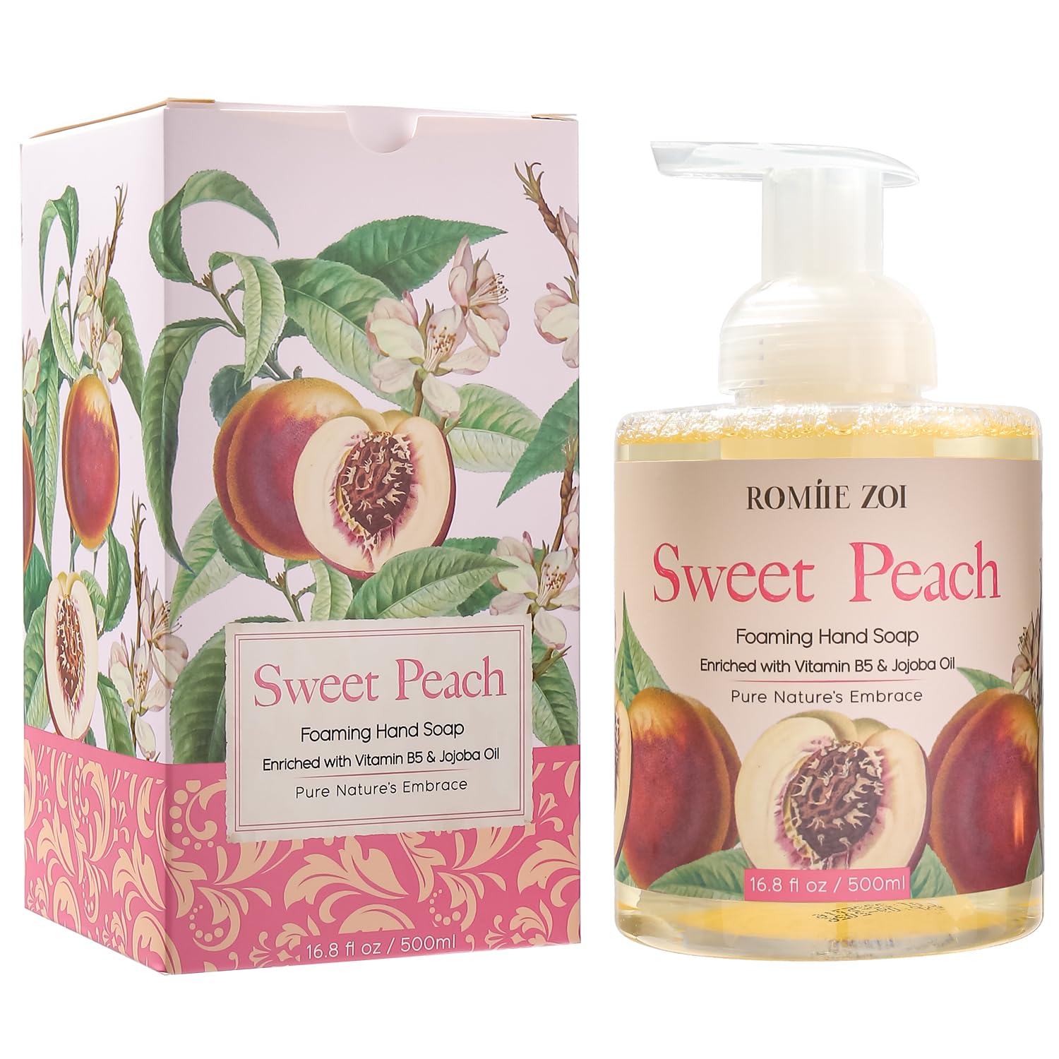 ROMIIE ZOI Foaming Hand Soap with Gift Box- Sweet Peach - Biodegradable Formula Moisture & Revitalize - 500ml/ 16.8oz