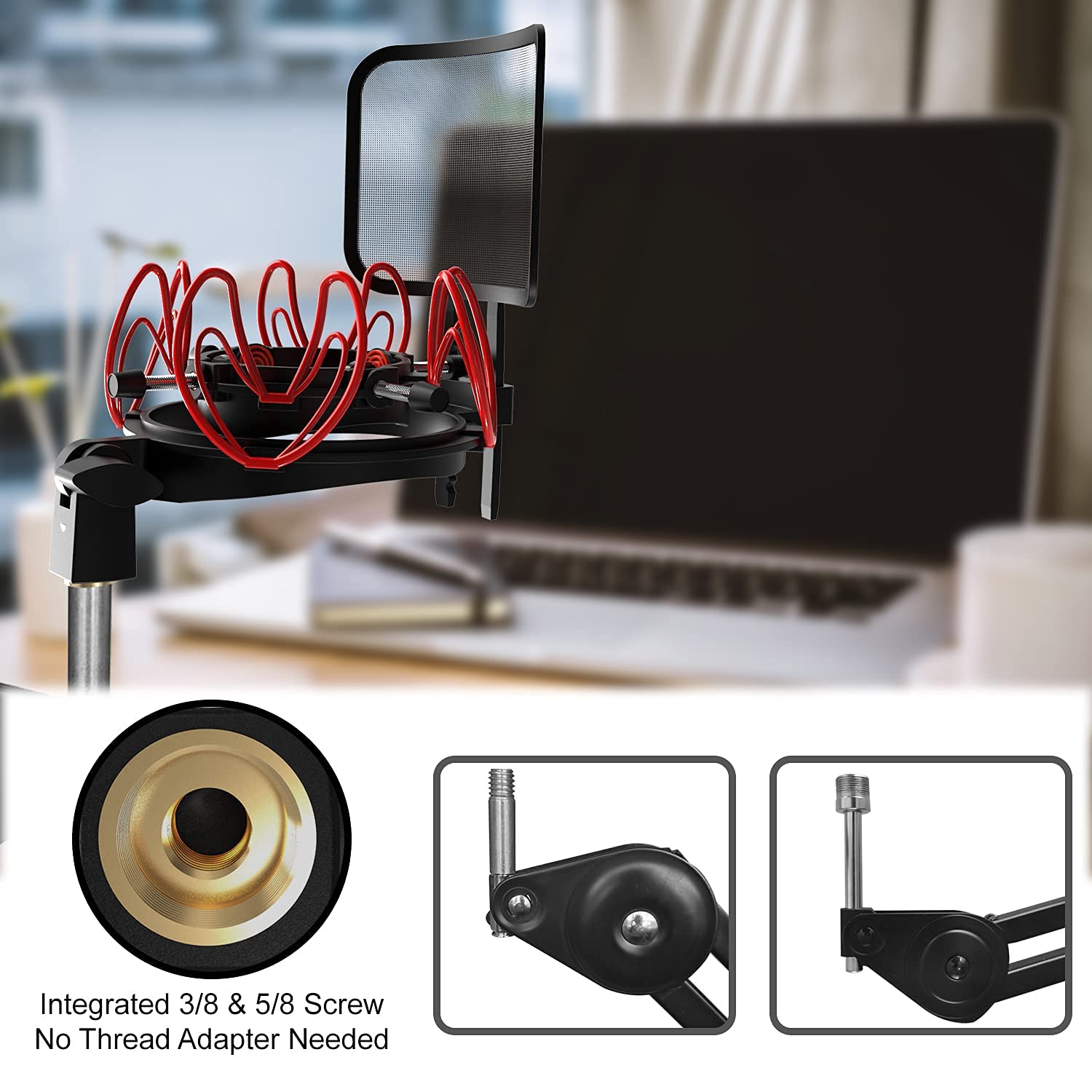 Universal-Mikrofon-Stoßhalterung mit Pop-Filter für alle Mikrofone mit einer Größe von 21 mm - 62 mm, inklusive Anti-Vibrationsmikrofonhalterung und Pop-Filter (rot)