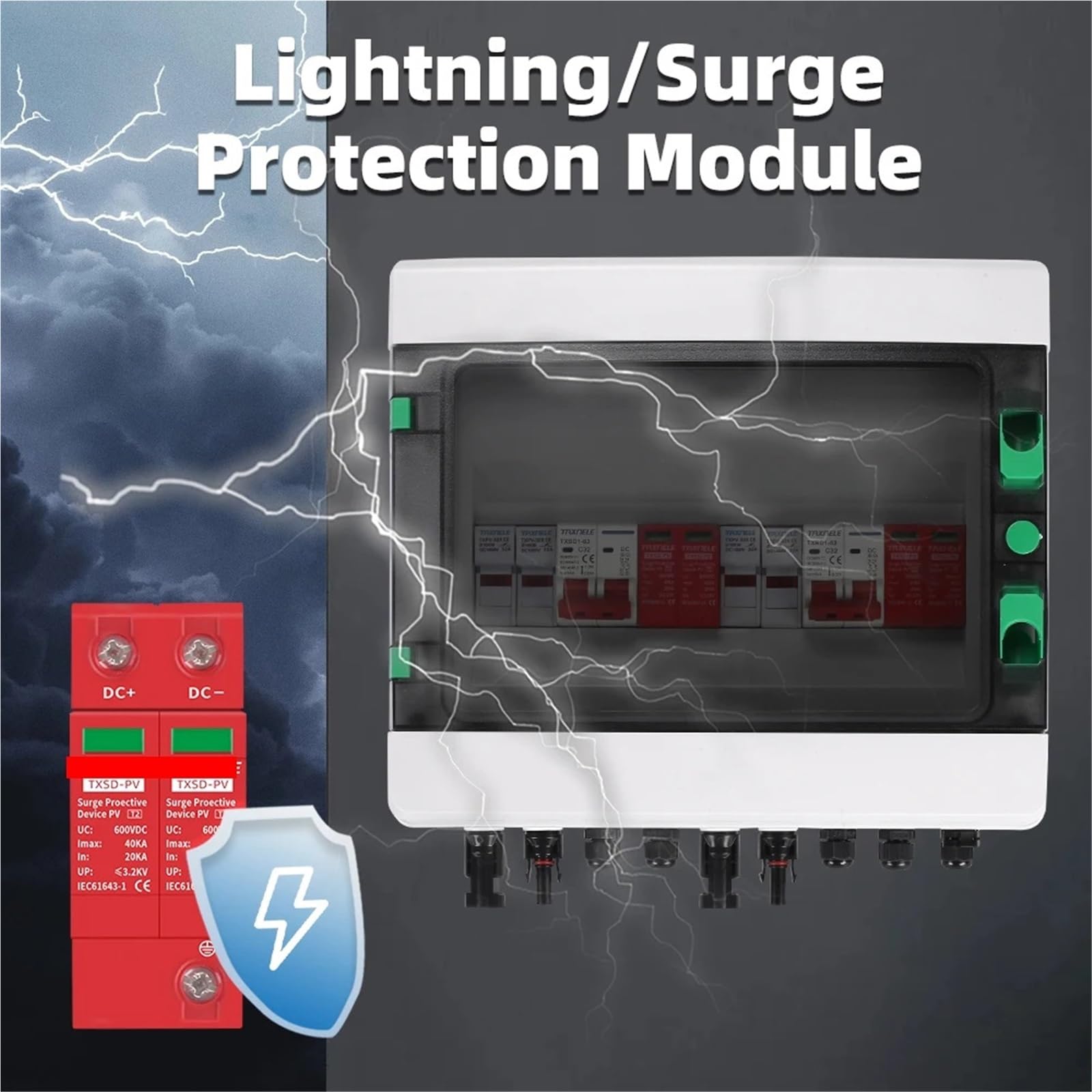 Quadro di combinazione fotovoltaico solare fotovoltaico con protezione da sovratensioni e fulmini, 2 ingressi, 2 uscite, 2 stringhe, DC 600 V, fusibile MCB SPD, scatola impermeabile IP65(40A DC MCB)