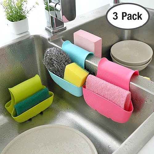 Miniatura 2 de Paquete de 3 organizadores de silicona para fregadero, soporte de esponja para jabón, cesta organizadora de almacenamiento para cocina (azul, verde,